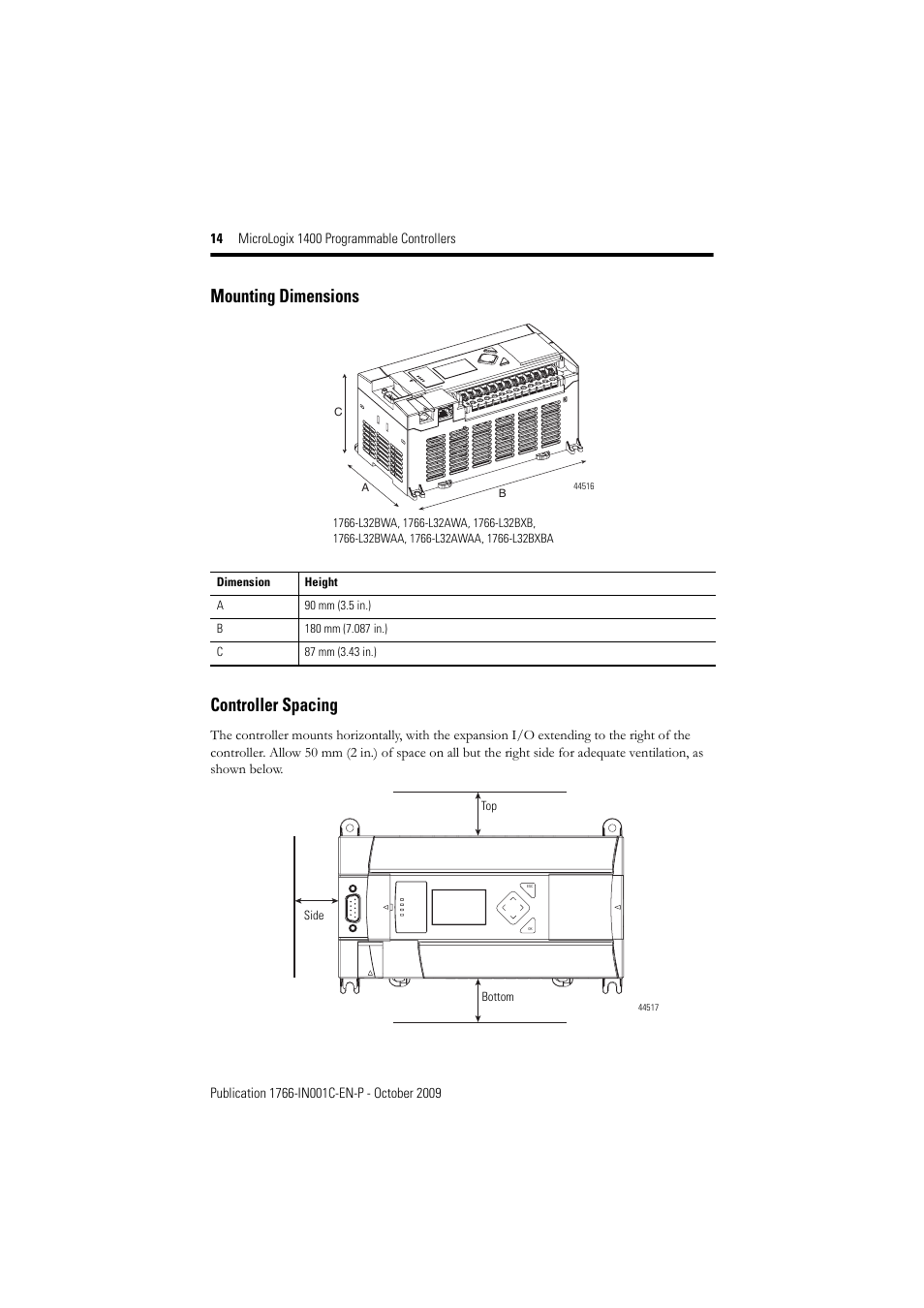 Mounting dimensions controller spacing | Rockwell Automation 1766-L32xxx MicroLogix 1400 Programmable Controllers Installation Instructions User Manual | Page 14 / 45