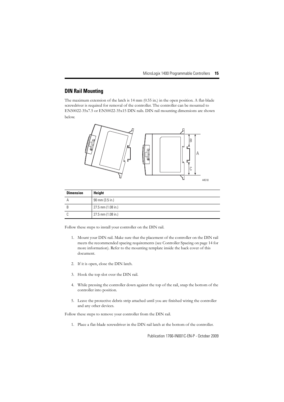 Din rail mounting | Rockwell Automation 1766-L32xxx MicroLogix 1400 Programmable Controllers Installation Instructions User Manual | Page 15 / 45