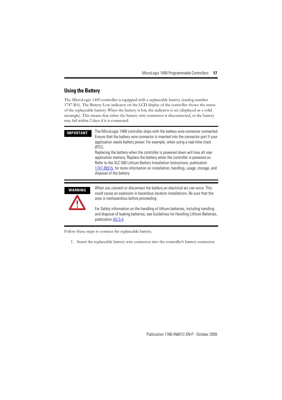 Using the battery | Rockwell Automation 1766-L32xxx MicroLogix 1400 Programmable Controllers Installation Instructions User Manual | Page 17 / 45