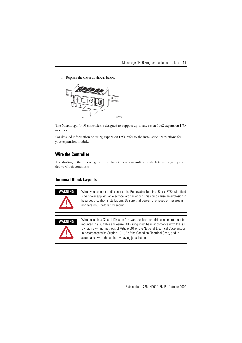 Wire the controller, Terminal block layouts | Rockwell Automation 1766-L32xxx MicroLogix 1400 Programmable Controllers Installation Instructions User Manual | Page 19 / 45