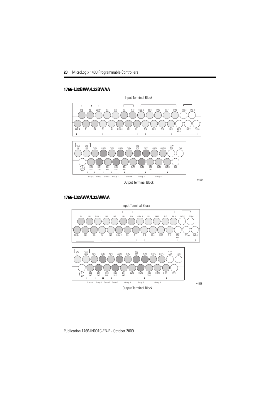 Input terminal block output terminal block | Rockwell Automation 1766-L32xxx MicroLogix 1400 Programmable Controllers Installation Instructions User Manual | Page 20 / 45