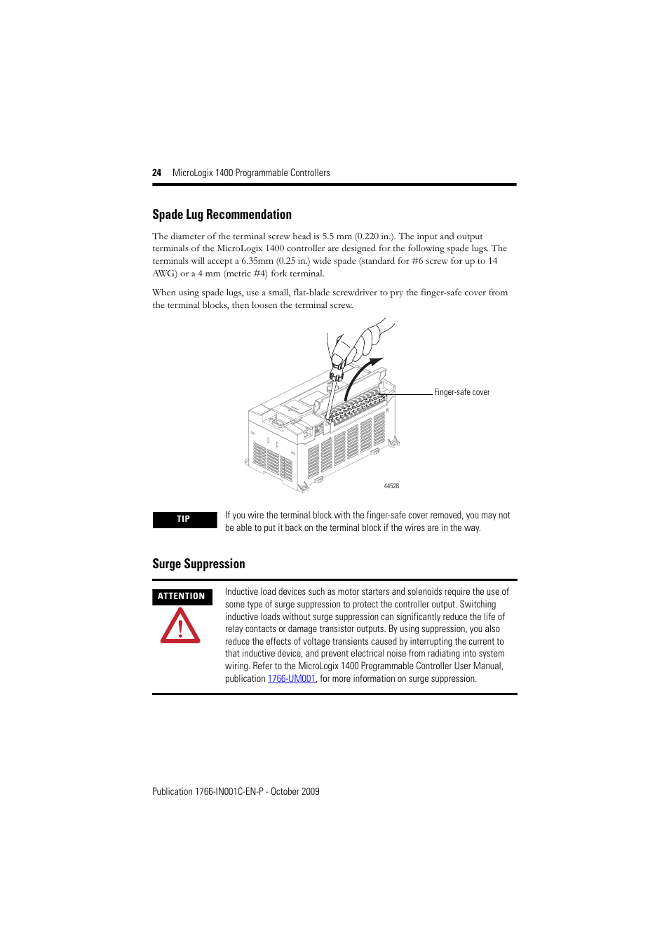 Spade lug recommendation, Surge suppression | Rockwell Automation 1766-L32xxx MicroLogix 1400 Programmable Controllers Installation Instructions User Manual | Page 24 / 45