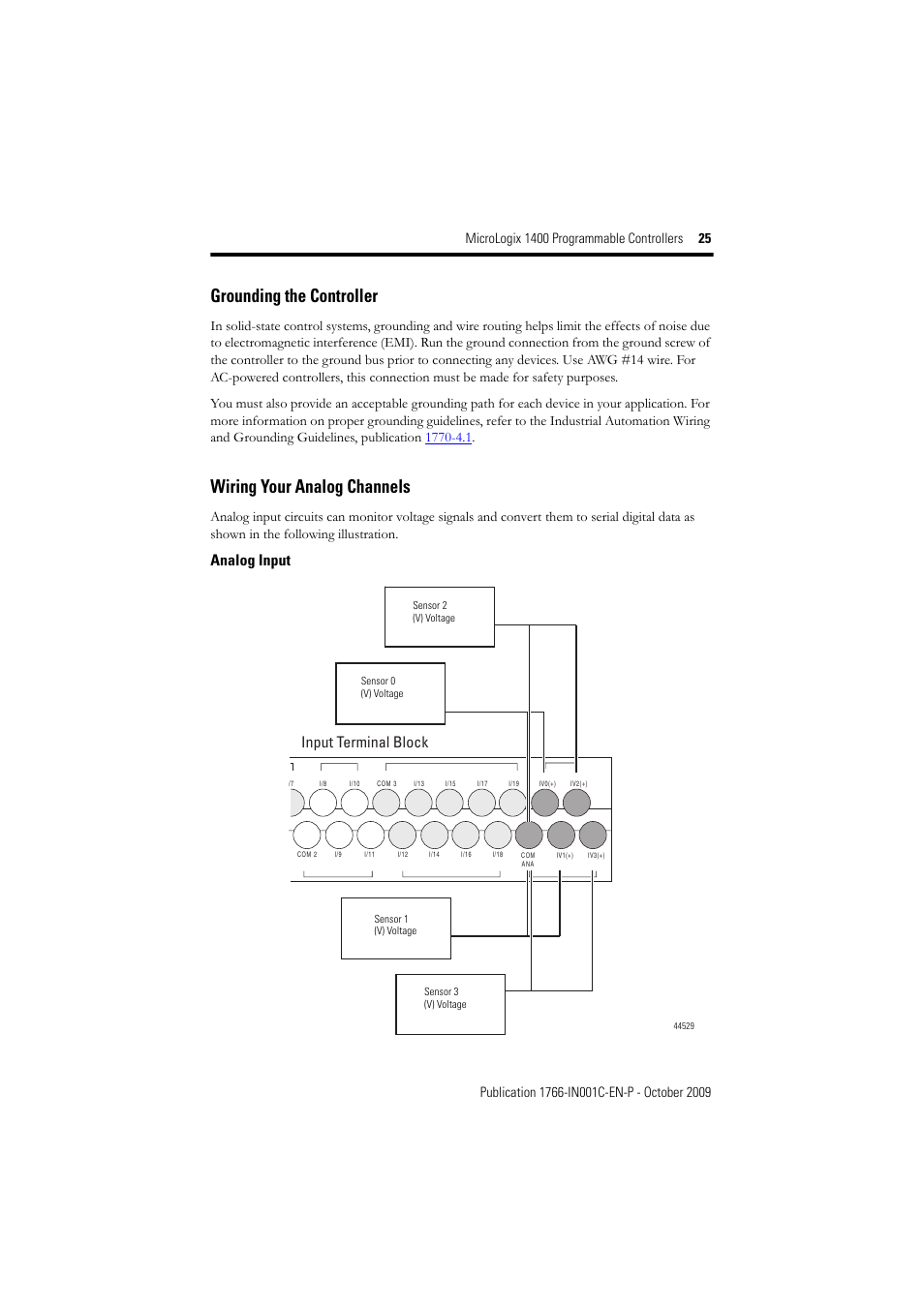 Wiring your analog channels, Grounding the controller, Input terminal block | Analog input | Rockwell Automation 1766-L32xxx MicroLogix 1400 Programmable Controllers Installation Instructions User Manual | Page 25 / 45
