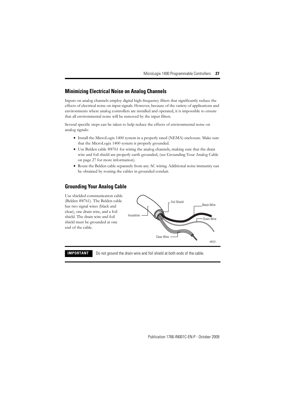 Grounding your analog cable, Minimizing electrical noise on analog channels | Rockwell Automation 1766-L32xxx MicroLogix 1400 Programmable Controllers Installation Instructions User Manual | Page 27 / 45