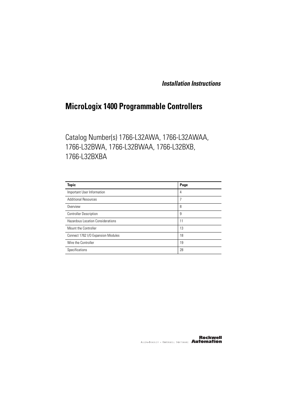 Micrologix 1400 programmable controllers, Installation instructions | Rockwell Automation 1766-L32xxx MicroLogix 1400 Programmable Controllers Installation Instructions User Manual | Page 3 / 45