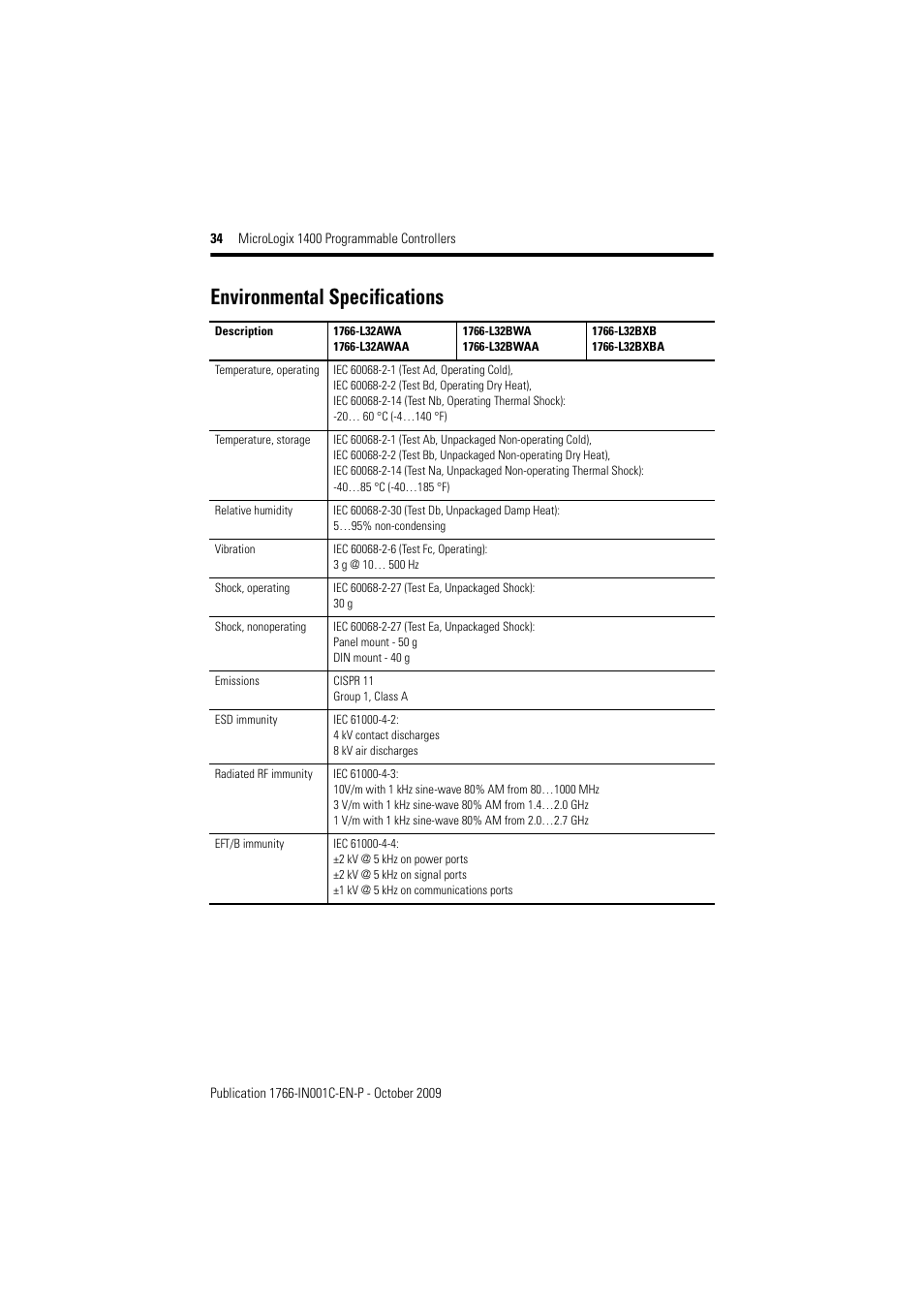 Environmental specifications | Rockwell Automation 1766-L32xxx MicroLogix 1400 Programmable Controllers Installation Instructions User Manual | Page 34 / 45
