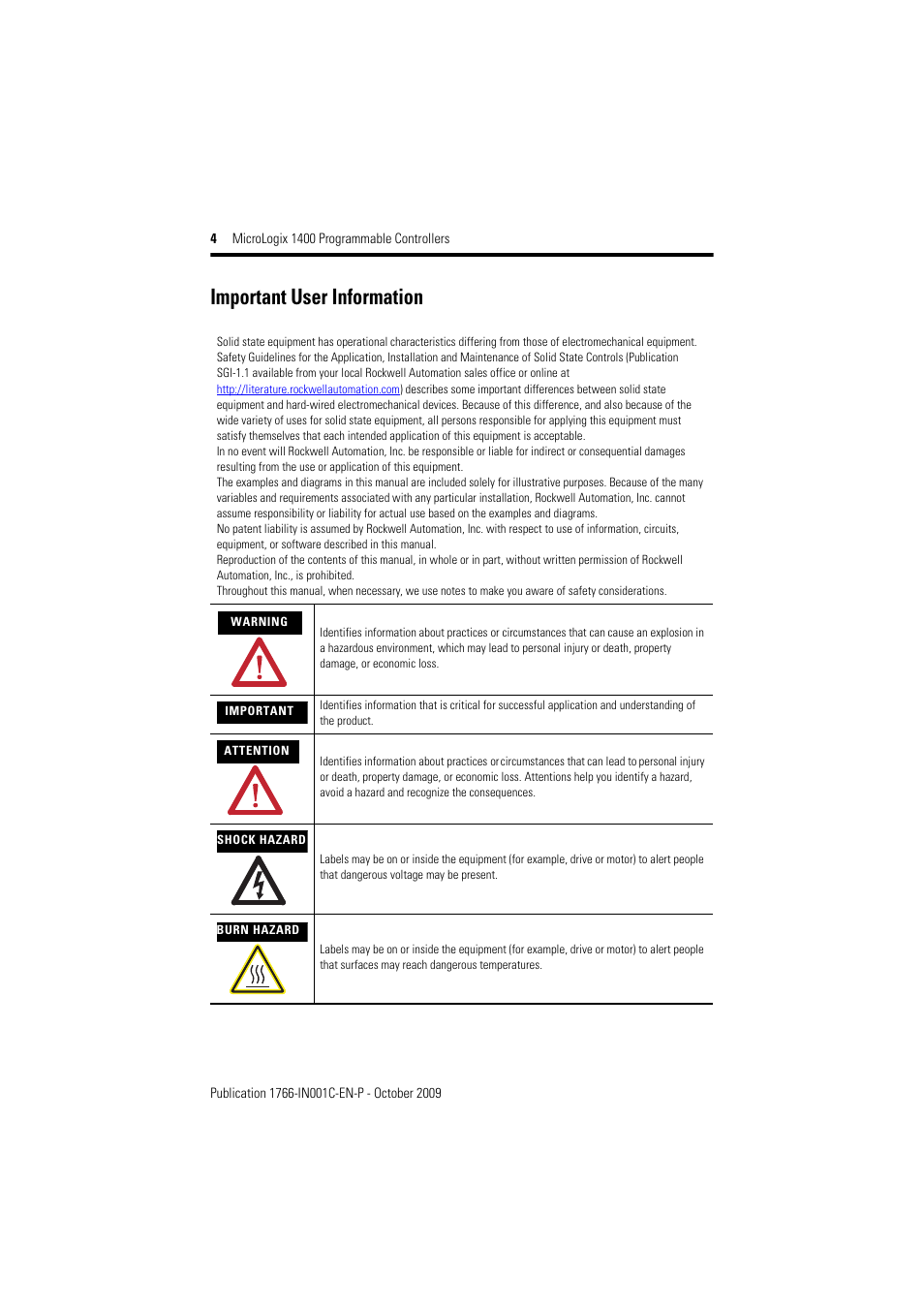 Important user information | Rockwell Automation 1766-L32xxx MicroLogix 1400 Programmable Controllers Installation Instructions User Manual | Page 4 / 45