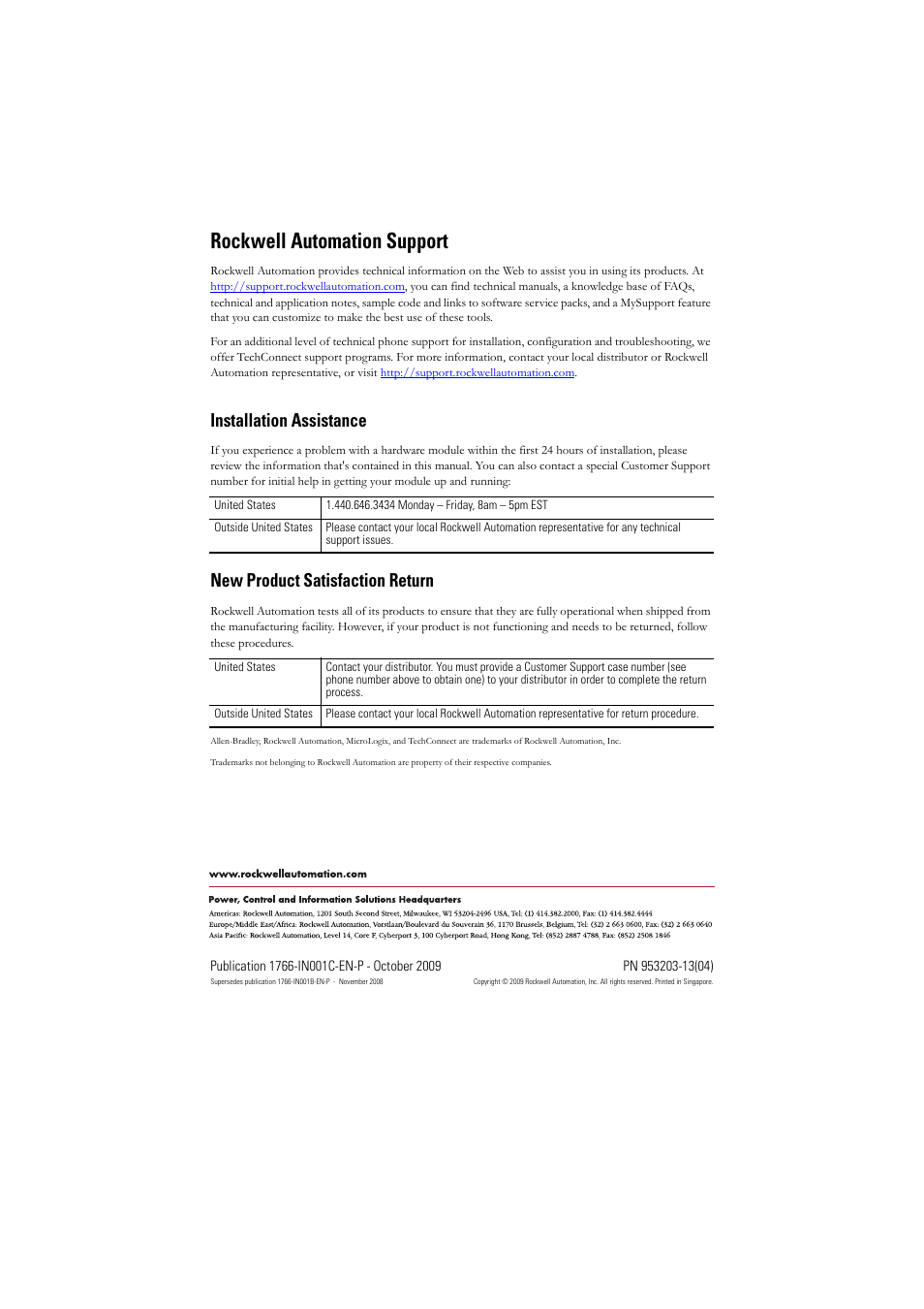 Back cover, Rockwell automation support, Installation assistance | New product satisfaction return | Rockwell Automation 1766-L32xxx MicroLogix 1400 Programmable Controllers Installation Instructions User Manual | Page 45 / 45