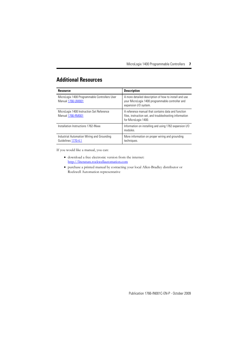 Additional resources | Rockwell Automation 1766-L32xxx MicroLogix 1400 Programmable Controllers Installation Instructions User Manual | Page 7 / 45