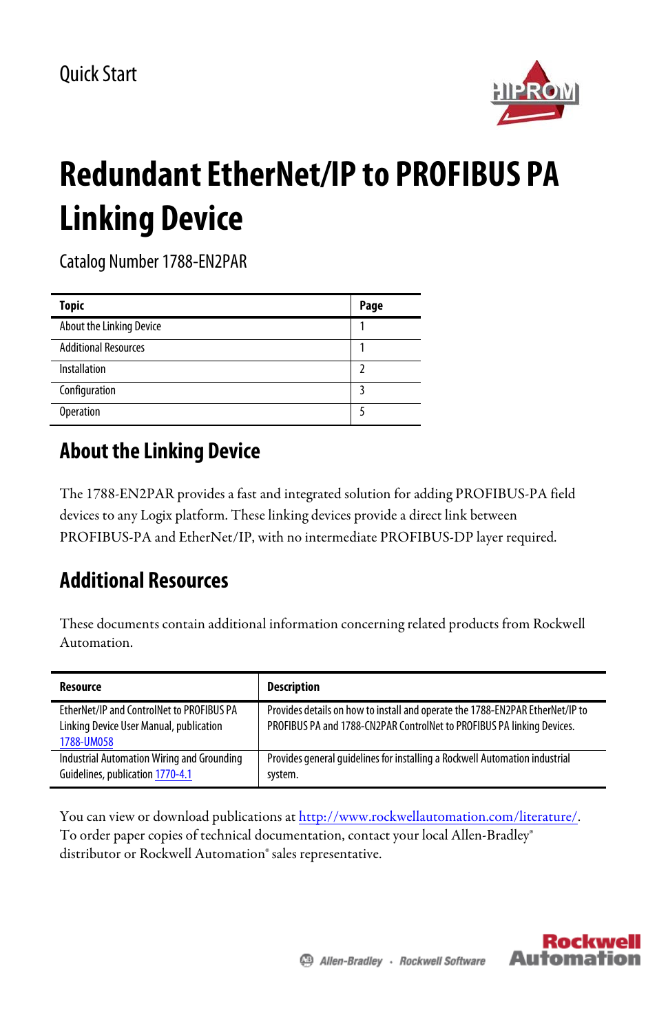 Rockwell Automation 1788-EN2PAR Redundant EtherNet/IP to PROFIBUS PA Linking Device Quick Start User Manual | 8 pages