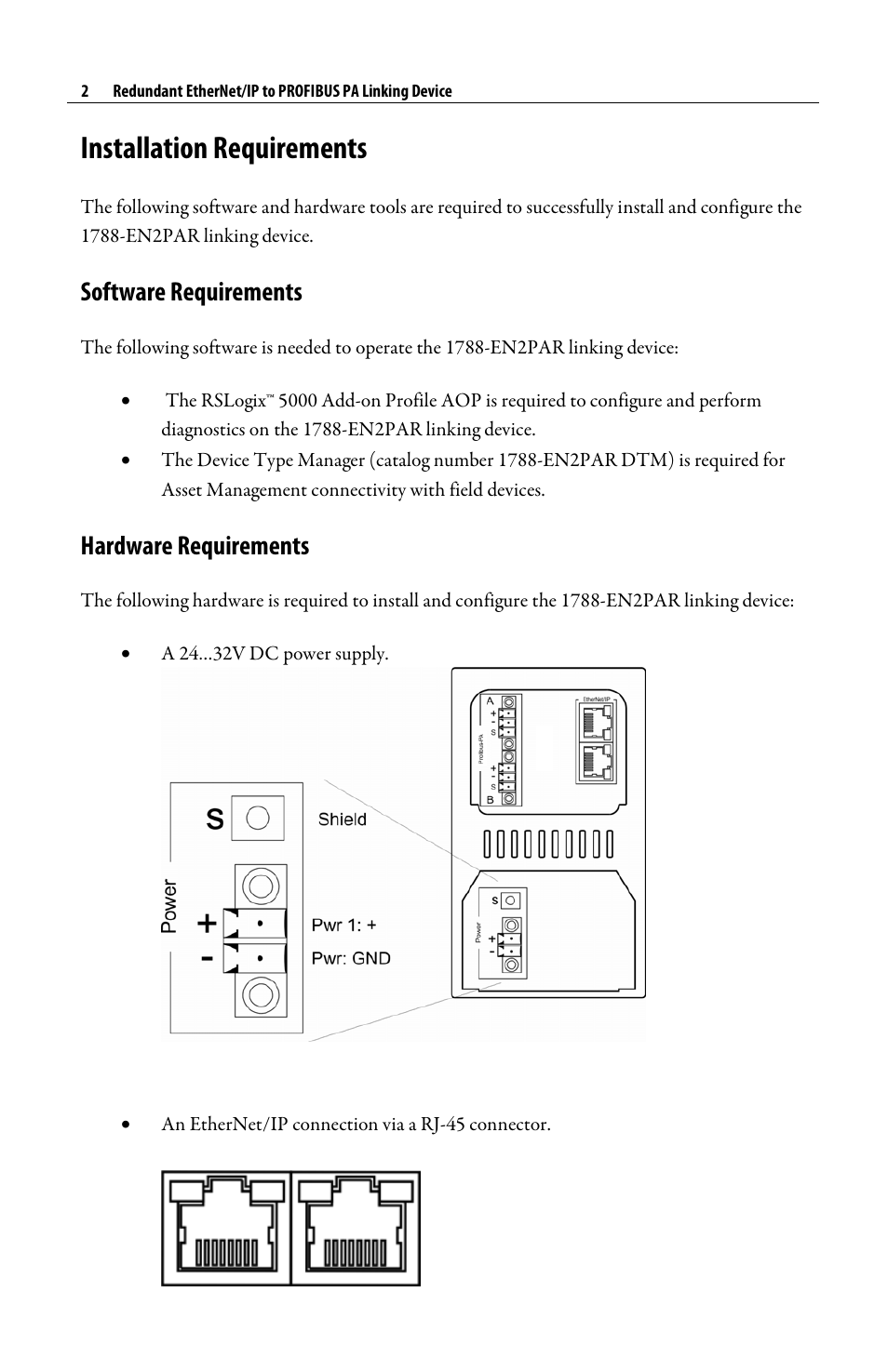 Installation requirements, Software requirements, Hardware requirements | Rockwell Automation 1788-EN2PAR Redundant EtherNet/IP to PROFIBUS PA Linking Device Quick Start User Manual | Page 2 / 8