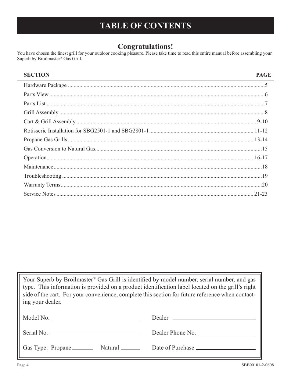 Broilmaster SBG2501-1 User Manual | Page 4 / 24