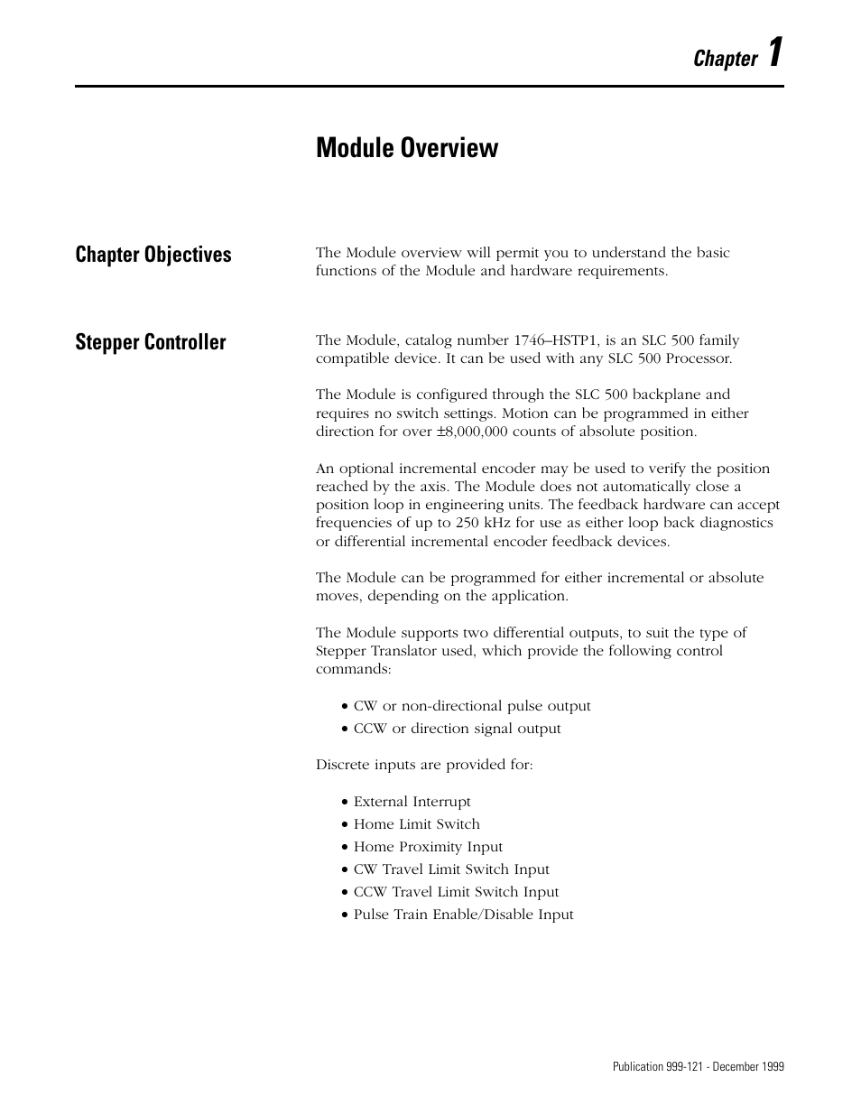 Module overview, Chapter, Chapter objectives | Stepper controller | Rockwell Automation 1746-HSTP1 Stepper Controller Module/ User Manual User Manual | Page 12 / 82