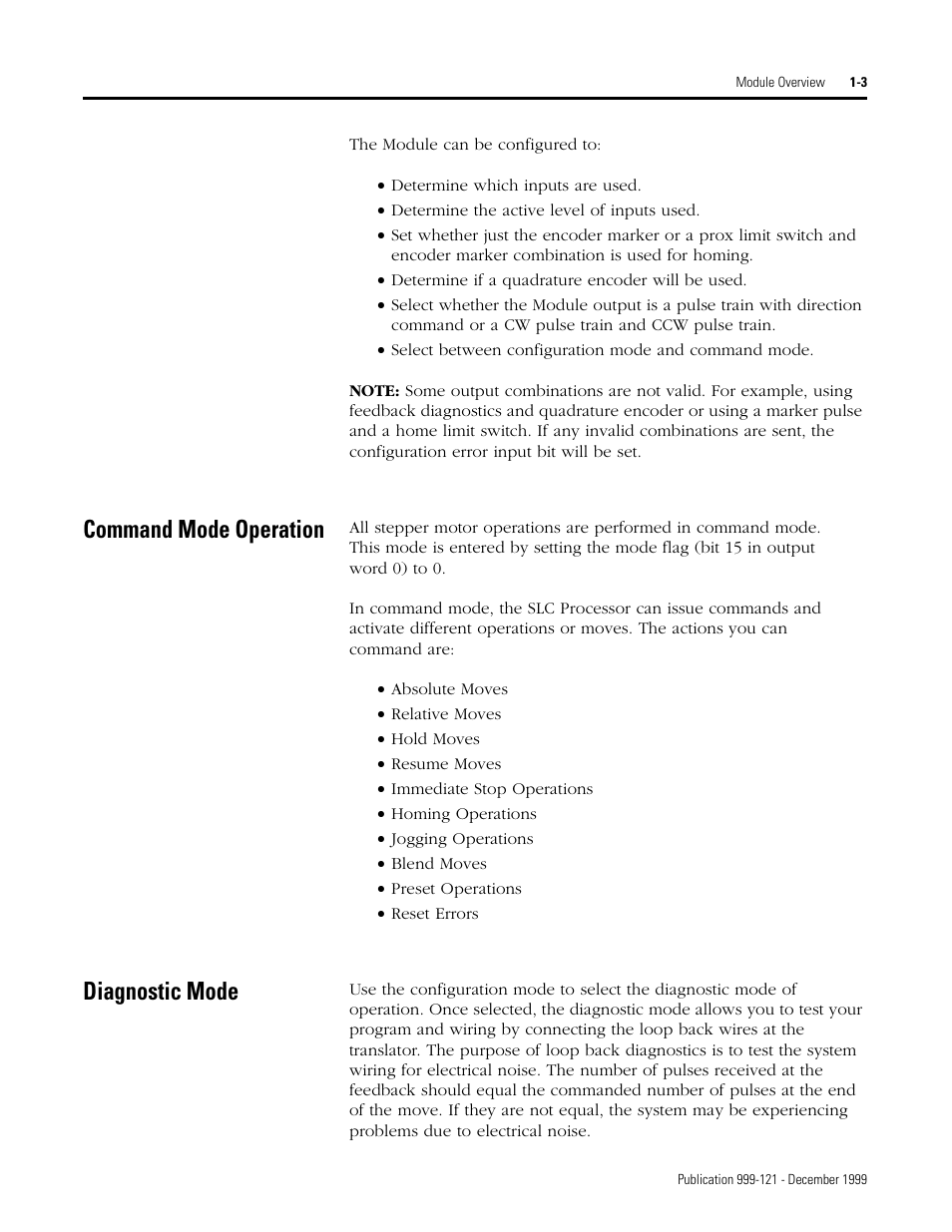 Command mode operation, Diagnostic mode | Rockwell Automation 1746-HSTP1 Stepper Controller Module/ User Manual User Manual | Page 14 / 82