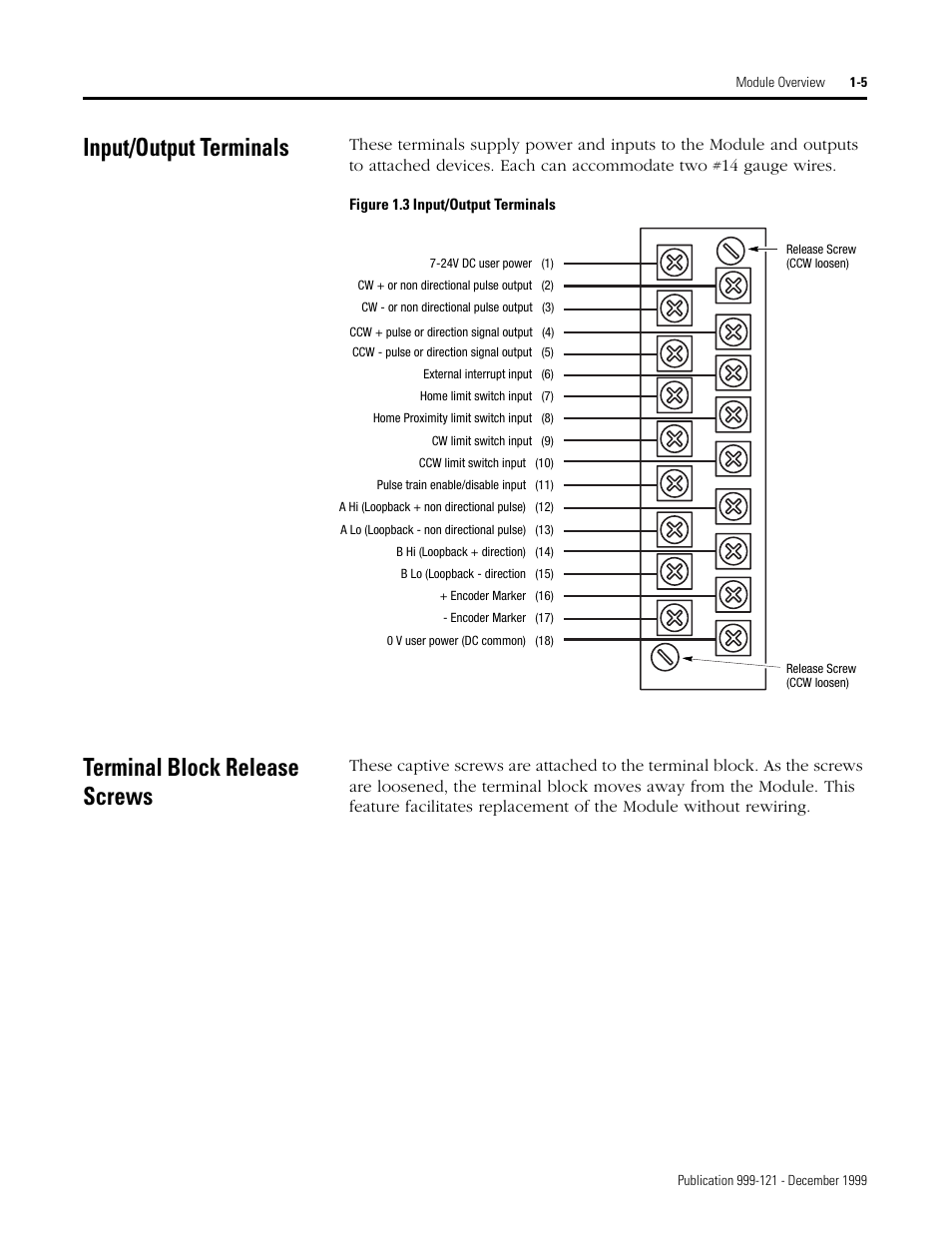 Input/output terminals, Terminal block release screws | Rockwell Automation 1746-HSTP1 Stepper Controller Module/ User Manual User Manual | Page 16 / 82