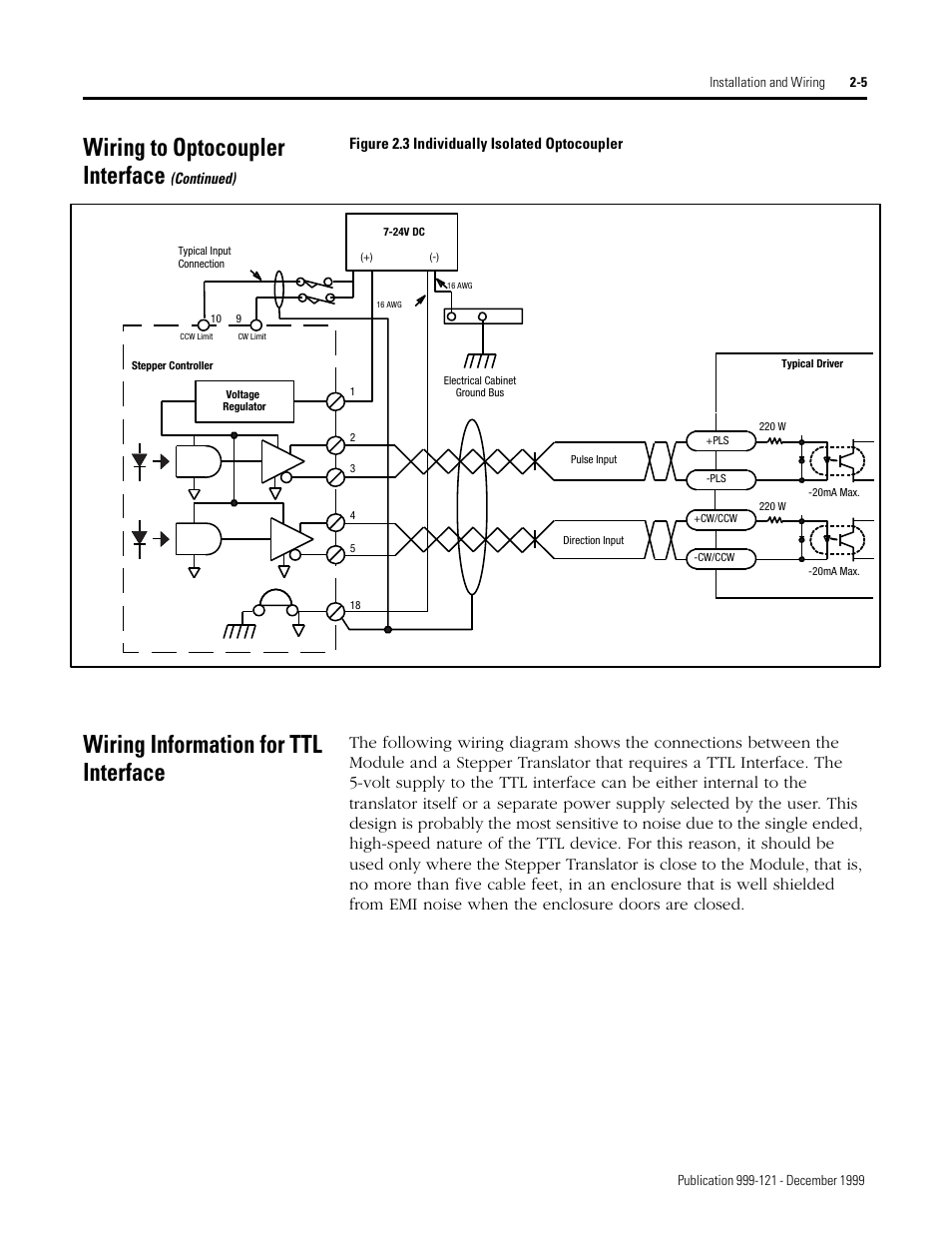 Wiring to optocoupler interface, Wiring information for ttl interface | Rockwell Automation 1746-HSTP1 Stepper Controller Module/ User Manual User Manual | Page 22 / 82