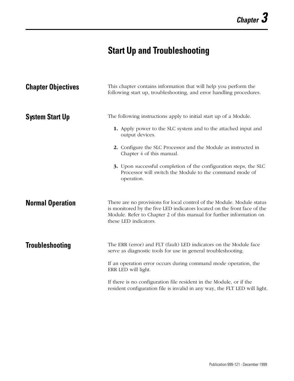 Start up and troubleshooting, Chapter, Chapter objectives | System start up, Normal operation, Troubleshooting | Rockwell Automation 1746-HSTP1 Stepper Controller Module/ User Manual User Manual | Page 28 / 82