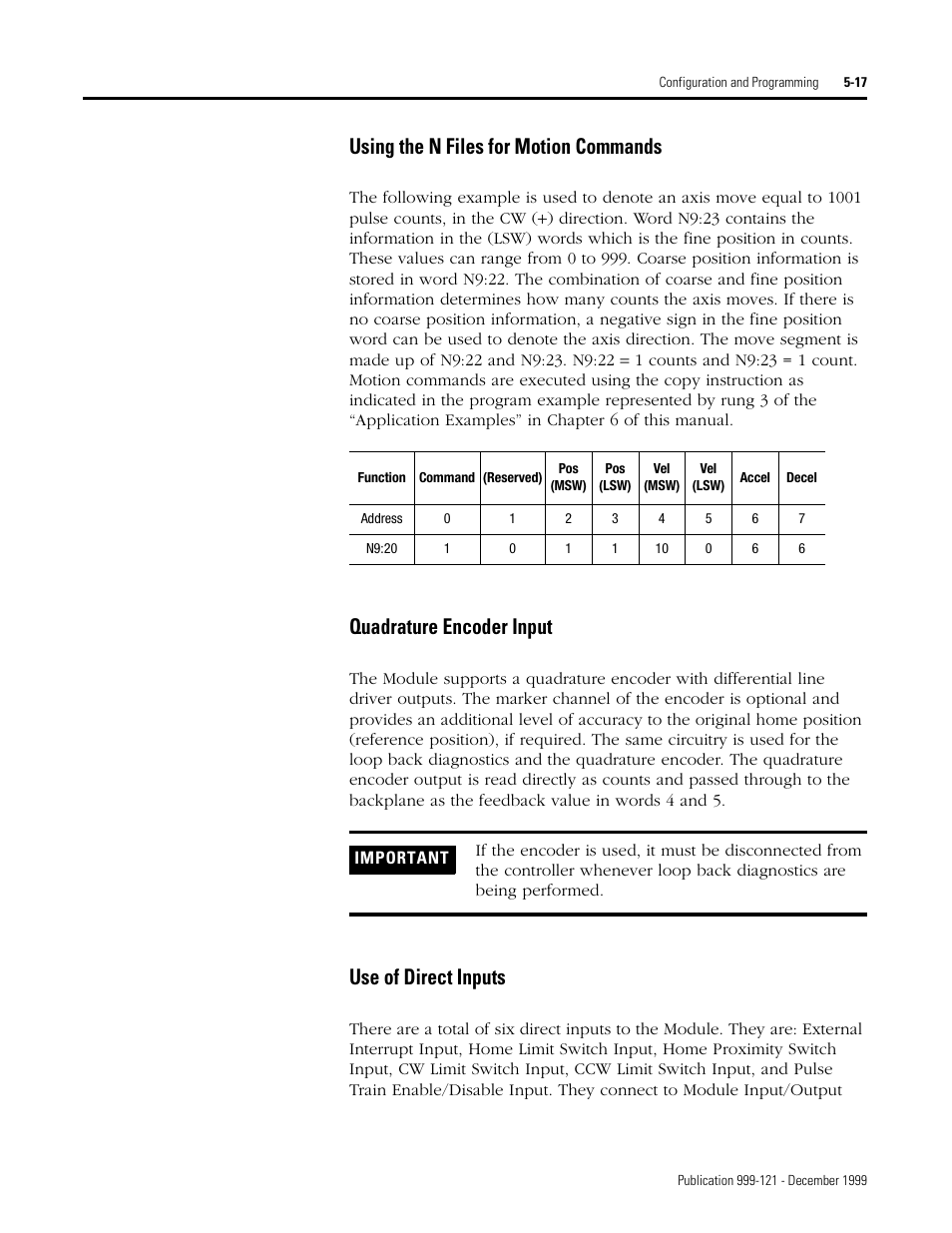 Using the n files for motion commands, Quadrature encoder input, Use of direct inputs | Rockwell Automation 1746-HSTP1 Stepper Controller Module/ User Manual User Manual | Page 52 / 82