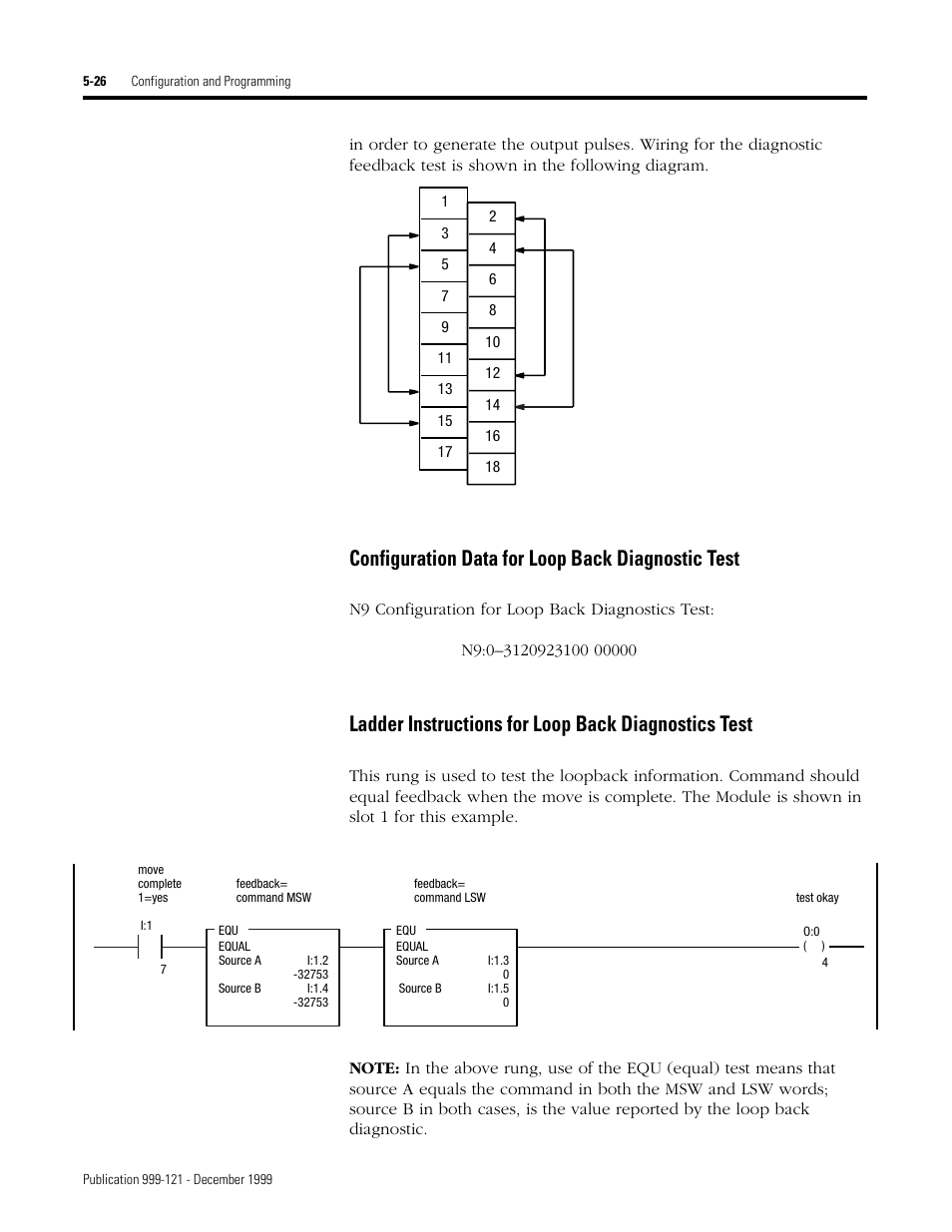 Configuration data for loop back diagnostic test, Ladder instructions for loop back diagnostics test | Rockwell Automation 1746-HSTP1 Stepper Controller Module/ User Manual User Manual | Page 61 / 82