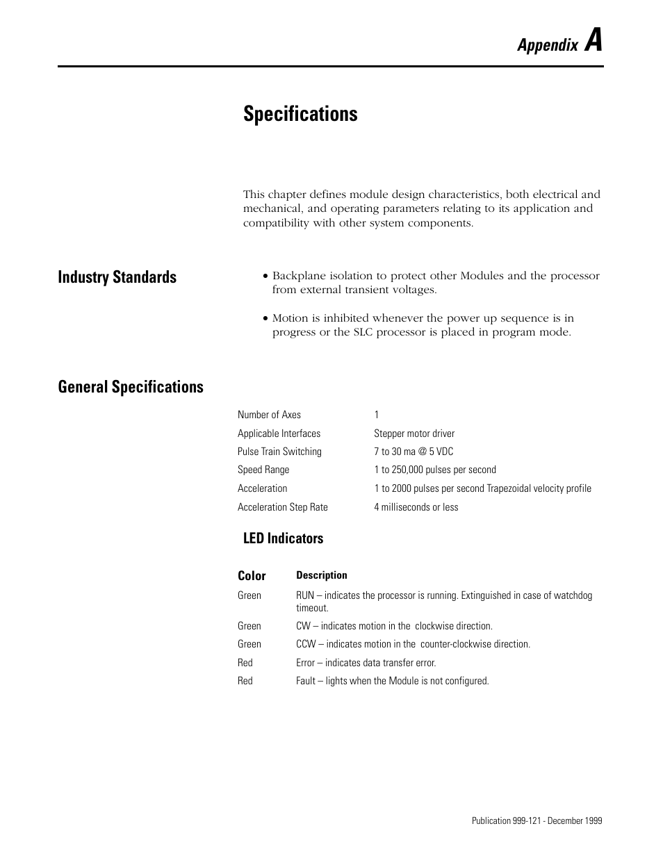 Specifications, Appendix, Industry standards | General specifications, Led indicators | Rockwell Automation 1746-HSTP1 Stepper Controller Module/ User Manual User Manual | Page 72 / 82