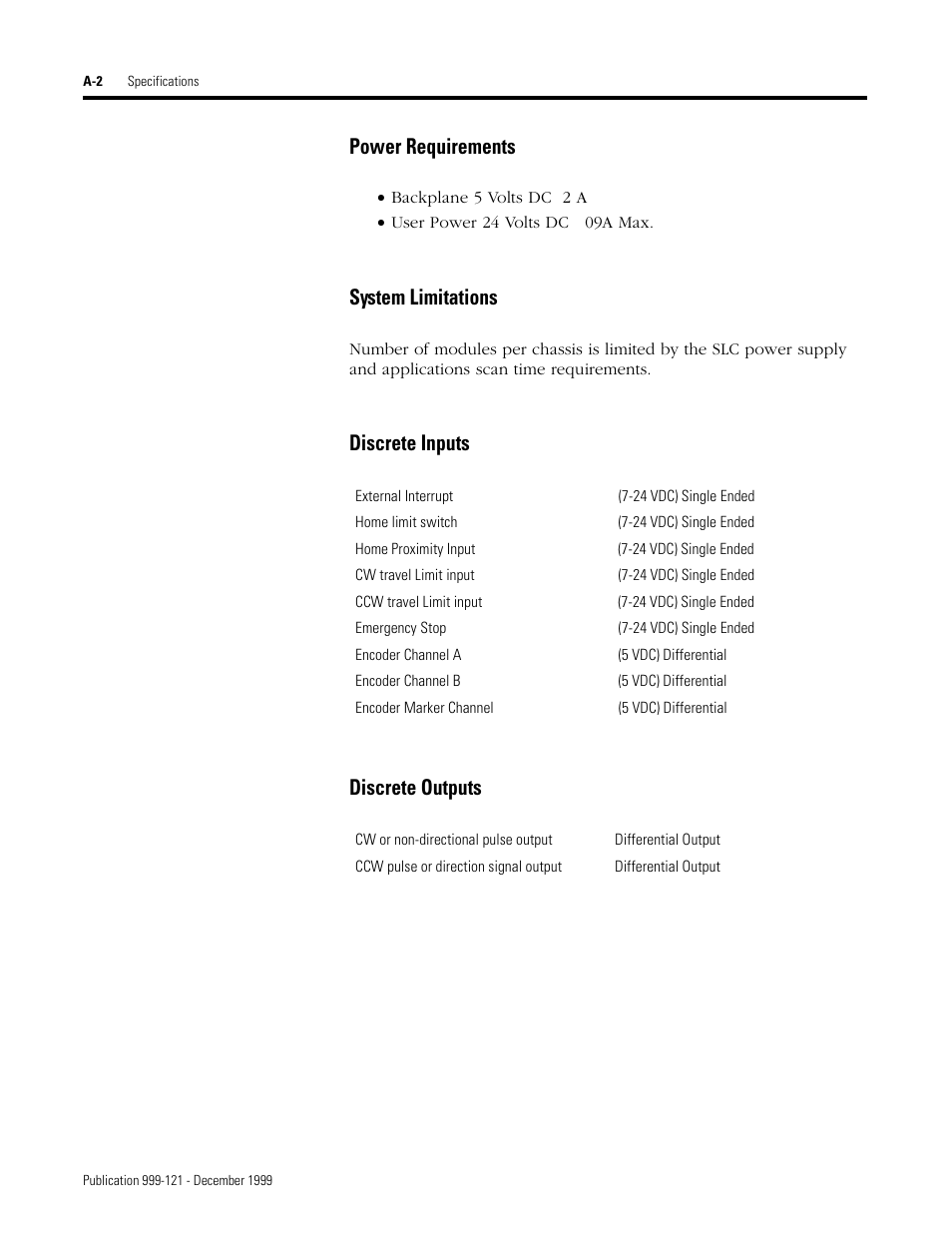 Power requirements, System limitations, Discrete inputs discrete outputs | Rockwell Automation 1746-HSTP1 Stepper Controller Module/ User Manual User Manual | Page 73 / 82
