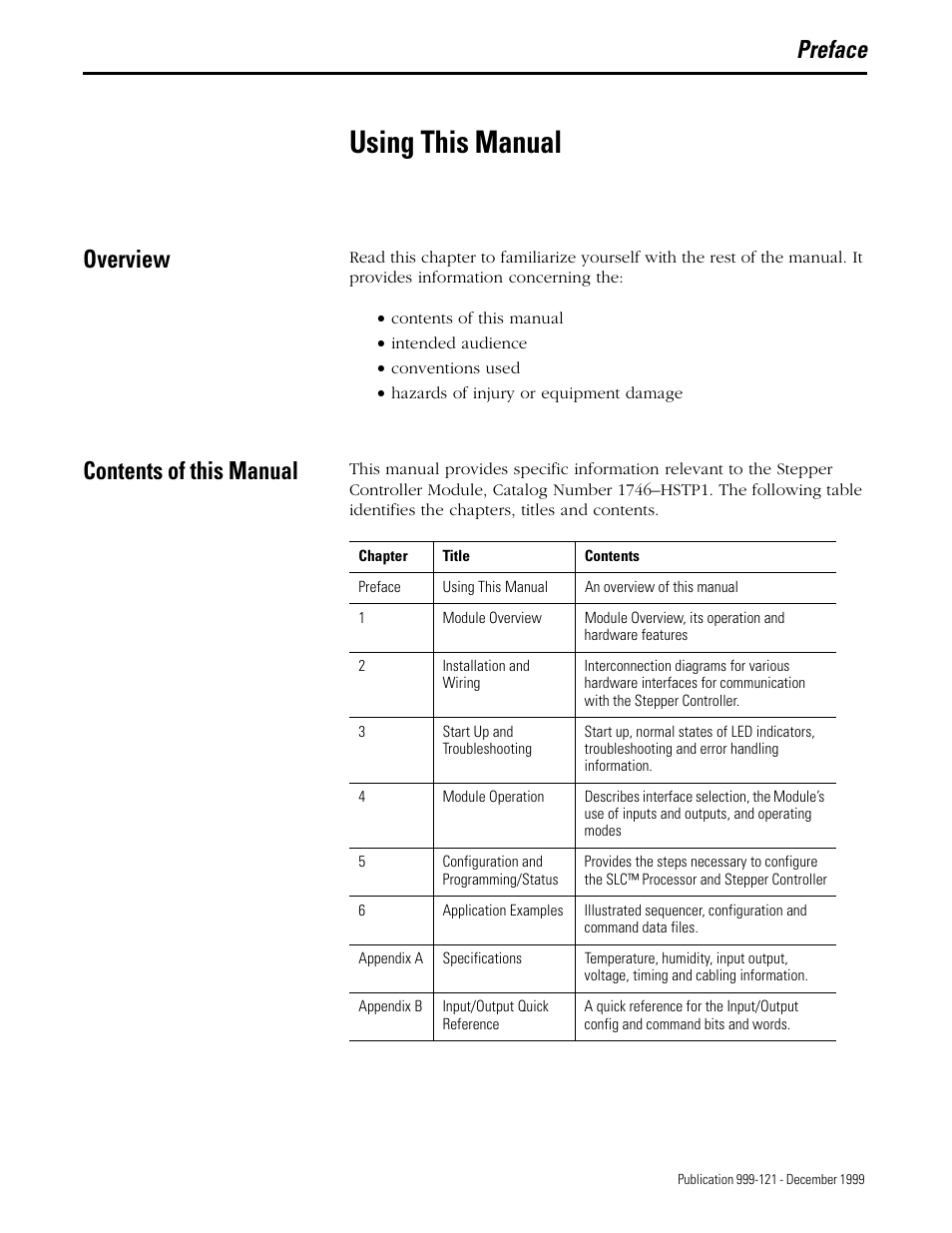 Using this manual, Preface, Overview | Contents of this manual | Rockwell Automation 1746-HSTP1 Stepper Controller Module/ User Manual User Manual | Page 8 / 82