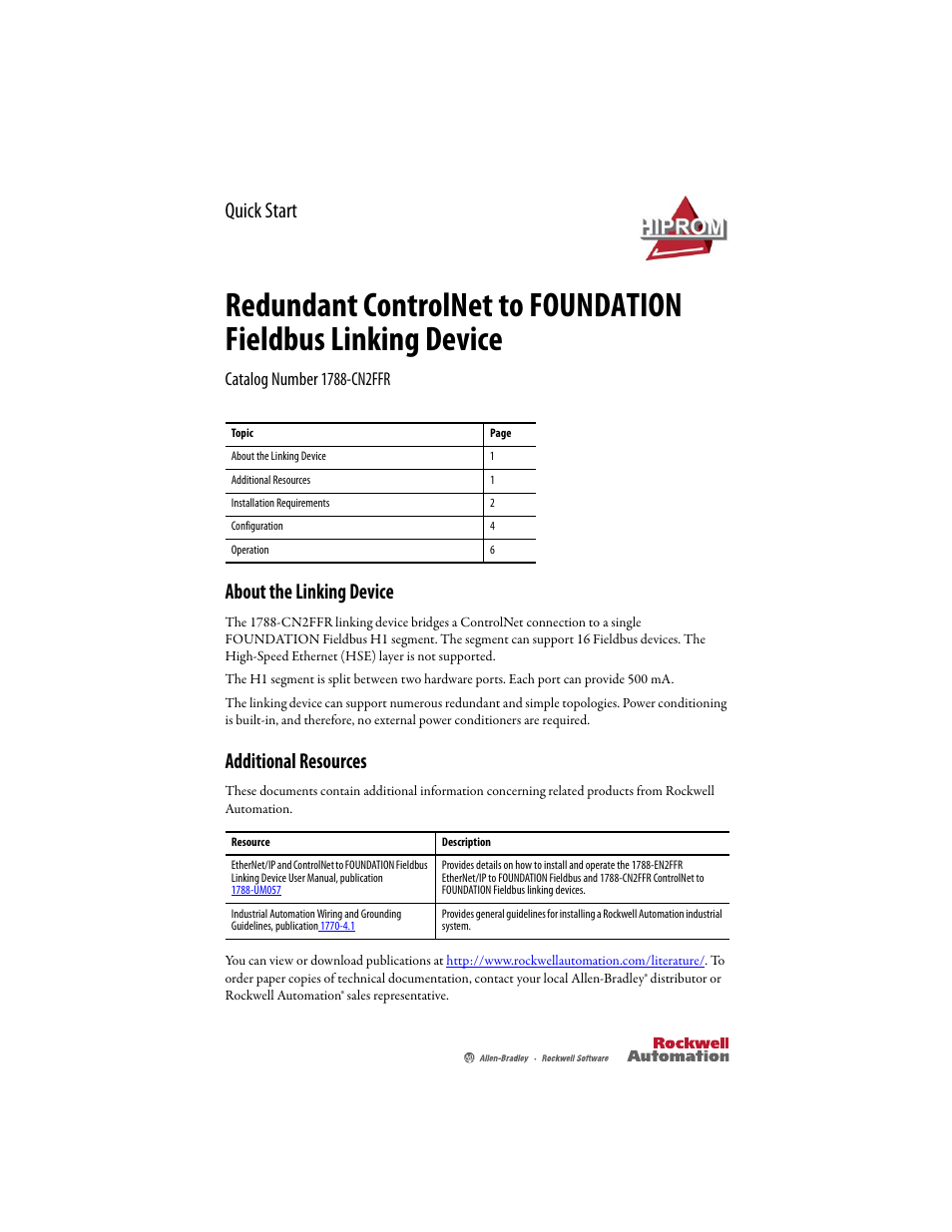 Rockwell Automation 1788-CN2FFR Redundant ControlNet to FOUNDATION Fieldbus Linking Device User Manual | 8 pages