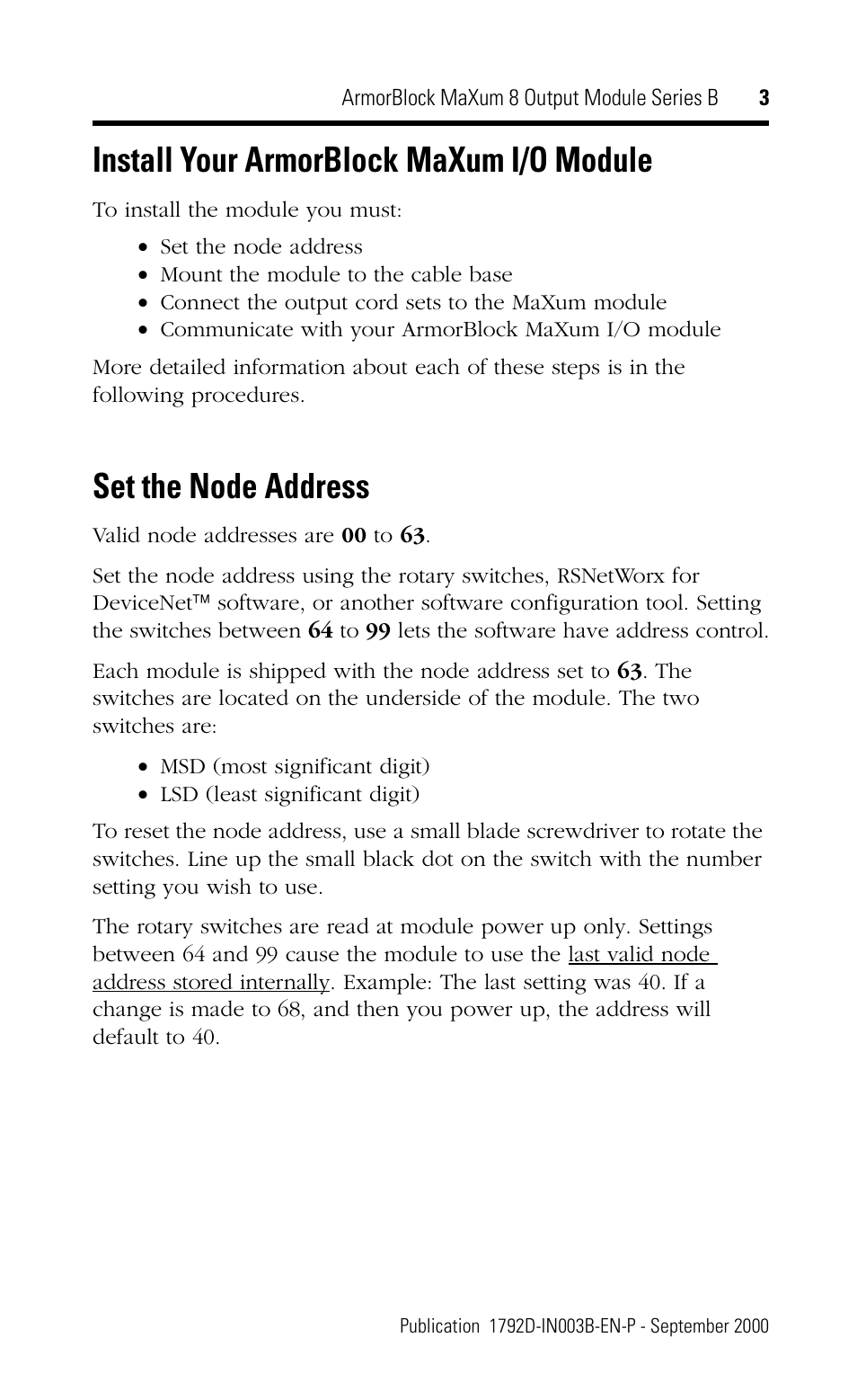 Install your armorblock maxum i/o module, Set the node address | Rockwell Automation 1792D-OB4D ArmorBlock MaXum 8 Output Module Series B User Manual | Page 3 / 16