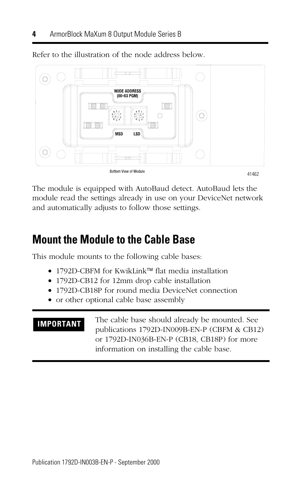 Mount the module to the cable base | Rockwell Automation 1792D-OB4D ArmorBlock MaXum 8 Output Module Series B User Manual | Page 4 / 16