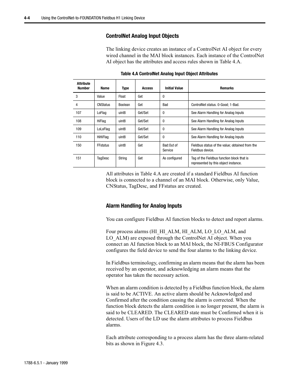 Controlnet analog input objects, Alarm handling for analog inputs | Rockwell Automation 1788-CN2FF ControlNet-to-FOUNDATION Fieldbus H1 Linking Device User Manual User Manual | Page 30 / 56