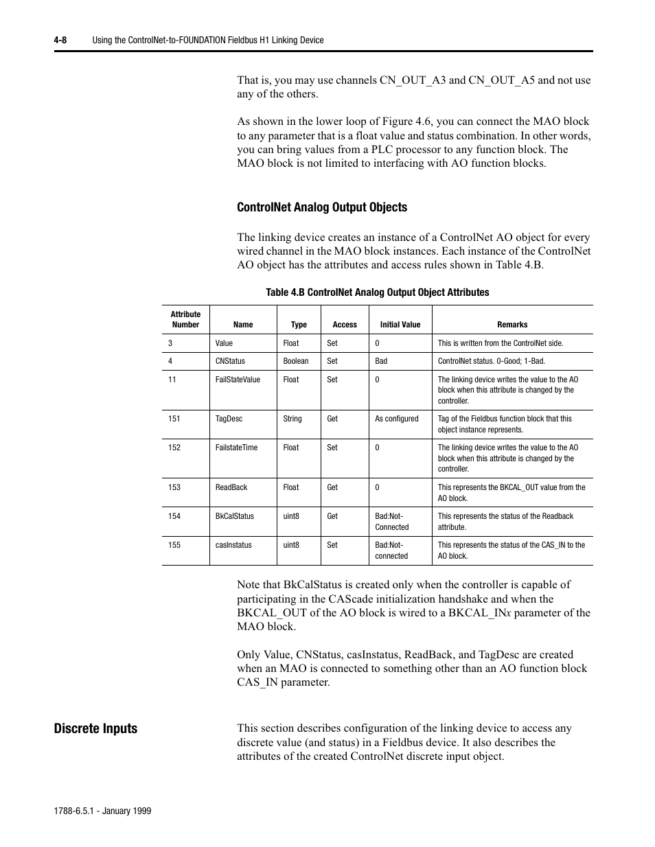 Discrete inputs, Controlnet analog output objects | Rockwell Automation 1788-CN2FF ControlNet-to-FOUNDATION Fieldbus H1 Linking Device User Manual User Manual | Page 34 / 56