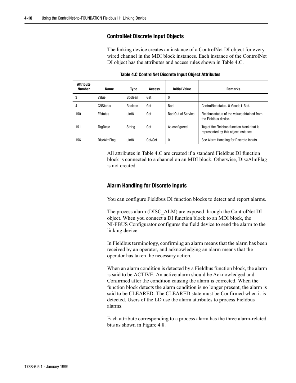 Controlnet discrete input objects, Alarm handling for discrete inputs | Rockwell Automation 1788-CN2FF ControlNet-to-FOUNDATION Fieldbus H1 Linking Device User Manual User Manual | Page 36 / 56