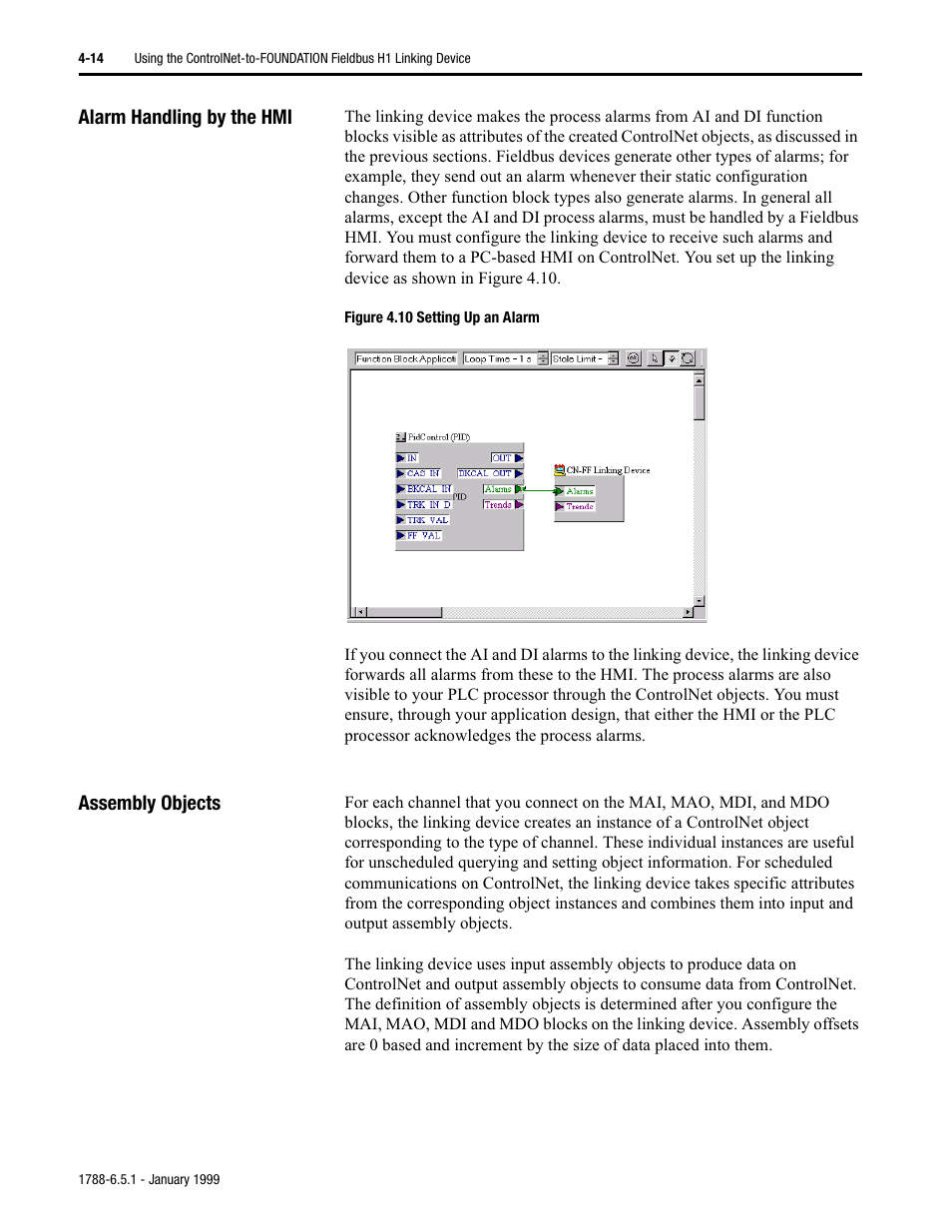 Alarm handling by the hmi, Assembly objects | Rockwell Automation 1788-CN2FF ControlNet-to-FOUNDATION Fieldbus H1 Linking Device User Manual User Manual | Page 40 / 56