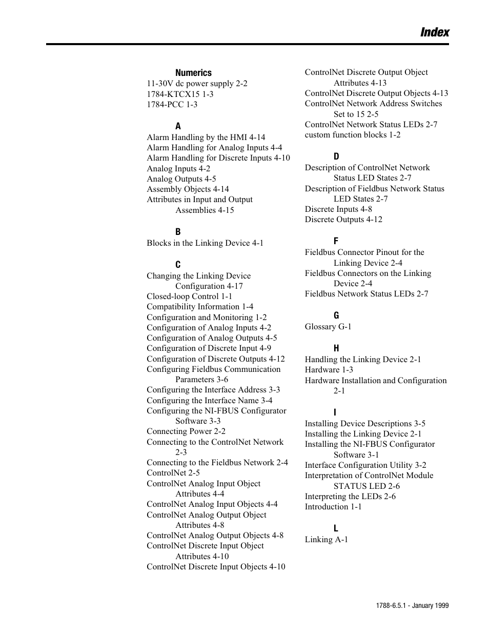 Index | Rockwell Automation 1788-CN2FF ControlNet-to-FOUNDATION Fieldbus H1 Linking Device User Manual User Manual | Page 51 / 56