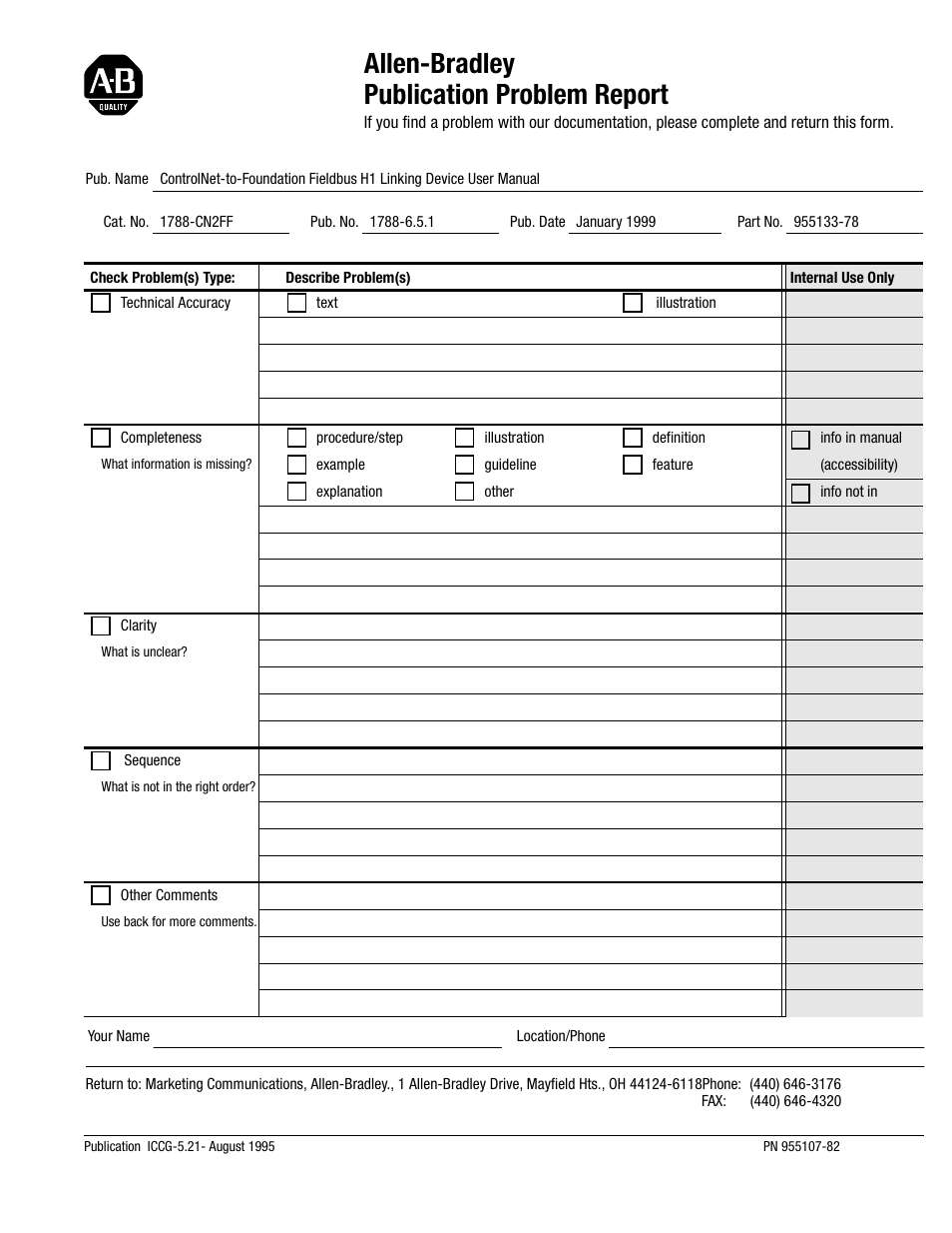 Allen-bradley publication problem report | Rockwell Automation 1788-CN2FF ControlNet-to-FOUNDATION Fieldbus H1 Linking Device User Manual User Manual | Page 53 / 56