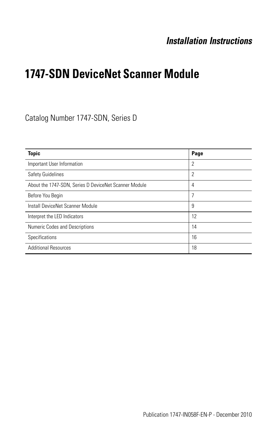 Rockwell Automation 1747-SDN 1747-SDN DeviceNet Scanner Installation Instructions User Manual | 20 pages