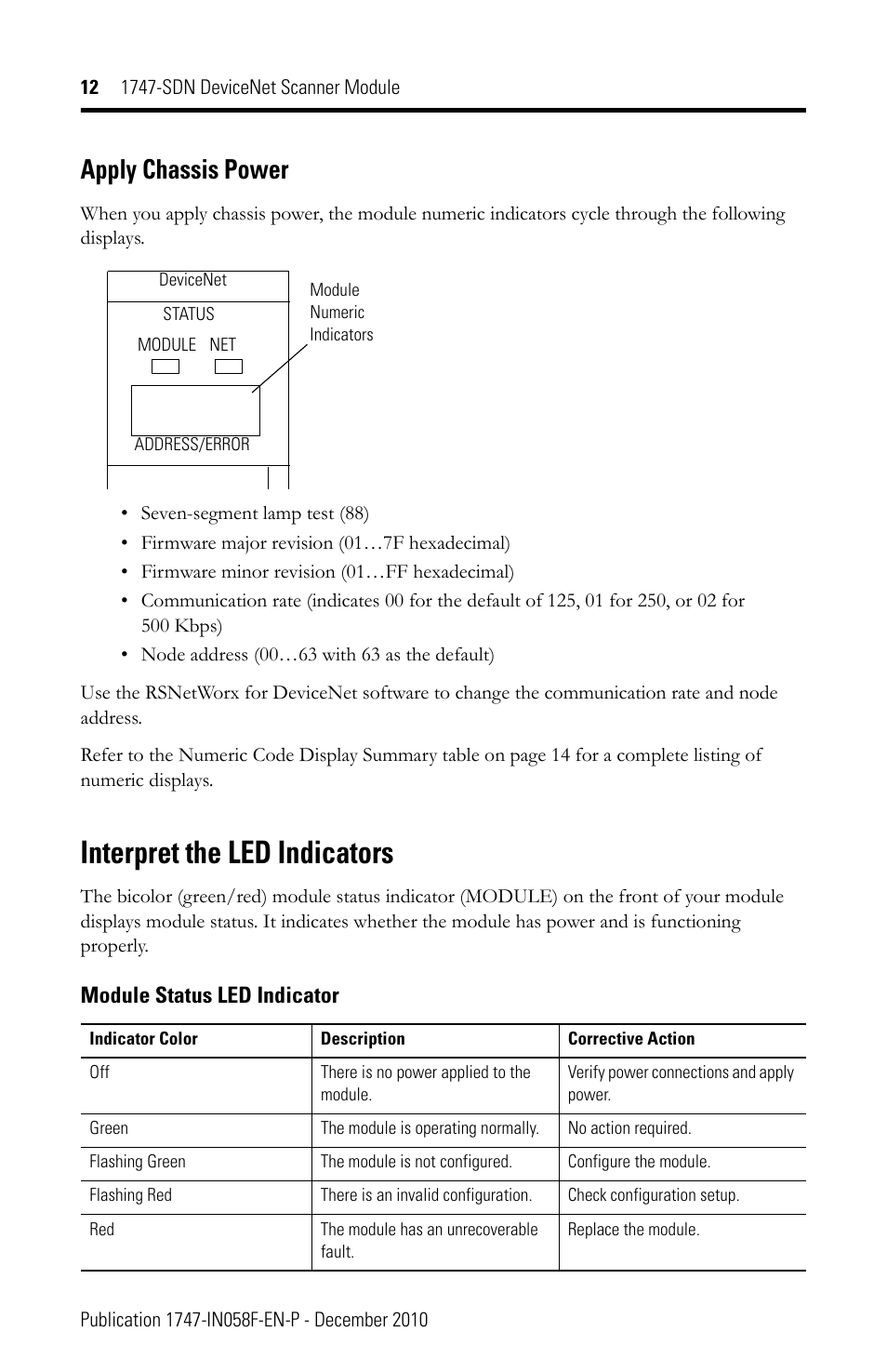 Interpret the led indicators, Apply chassis power | Rockwell Automation 1747-SDN 1747-SDN DeviceNet Scanner Installation Instructions User Manual | Page 12 / 20