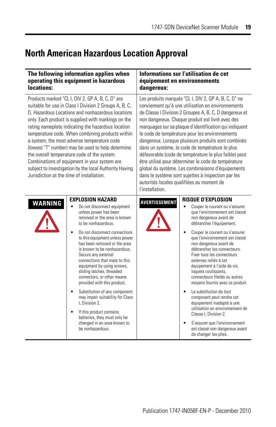 North american hazardous location approval | Rockwell Automation 1747-SDN 1747-SDN DeviceNet Scanner Installation Instructions User Manual | Page 19 / 20