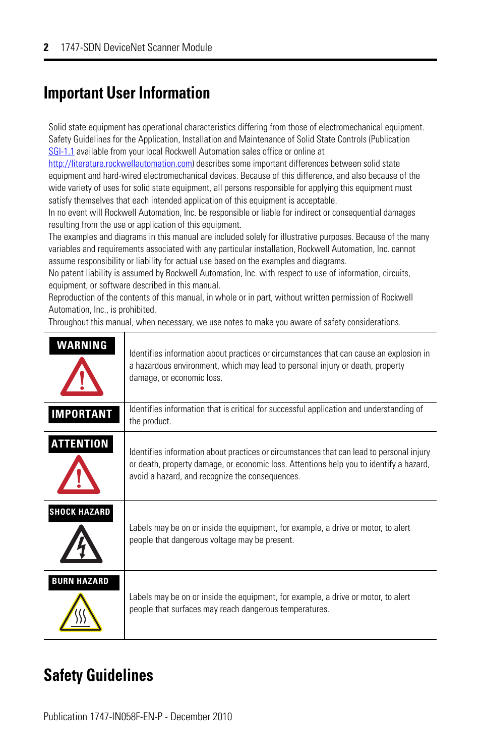 Important user information, Safety guidelines, Important user information safety guidelines | Rockwell Automation 1747-SDN 1747-SDN DeviceNet Scanner Installation Instructions User Manual | Page 2 / 20