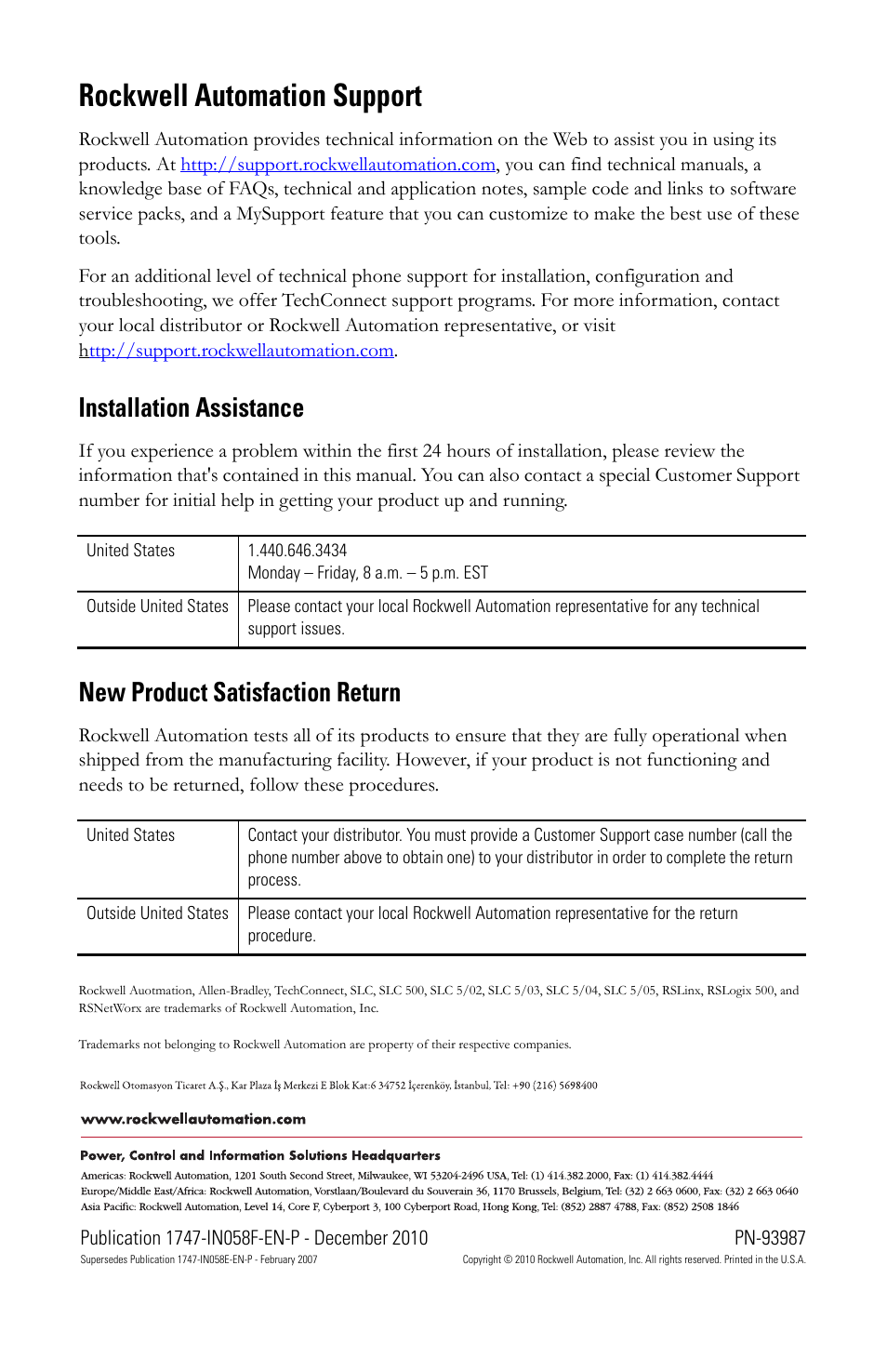 Back cover, Rockwell automation support, Installation assistance | New product satisfaction return | Rockwell Automation 1747-SDN 1747-SDN DeviceNet Scanner Installation Instructions User Manual | Page 20 / 20