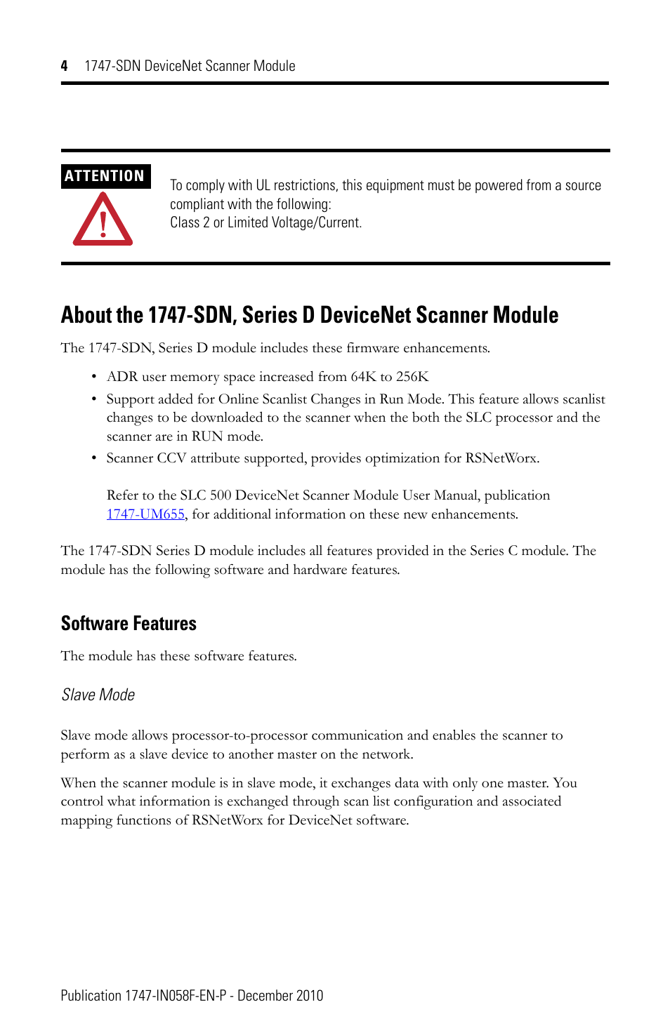 Software features | Rockwell Automation 1747-SDN 1747-SDN DeviceNet Scanner Installation Instructions User Manual | Page 4 / 20