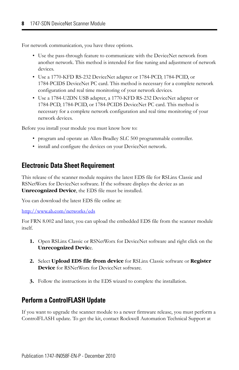 Electronic data sheet requirement, Perform a controlflash update | Rockwell Automation 1747-SDN 1747-SDN DeviceNet Scanner Installation Instructions User Manual | Page 8 / 20
