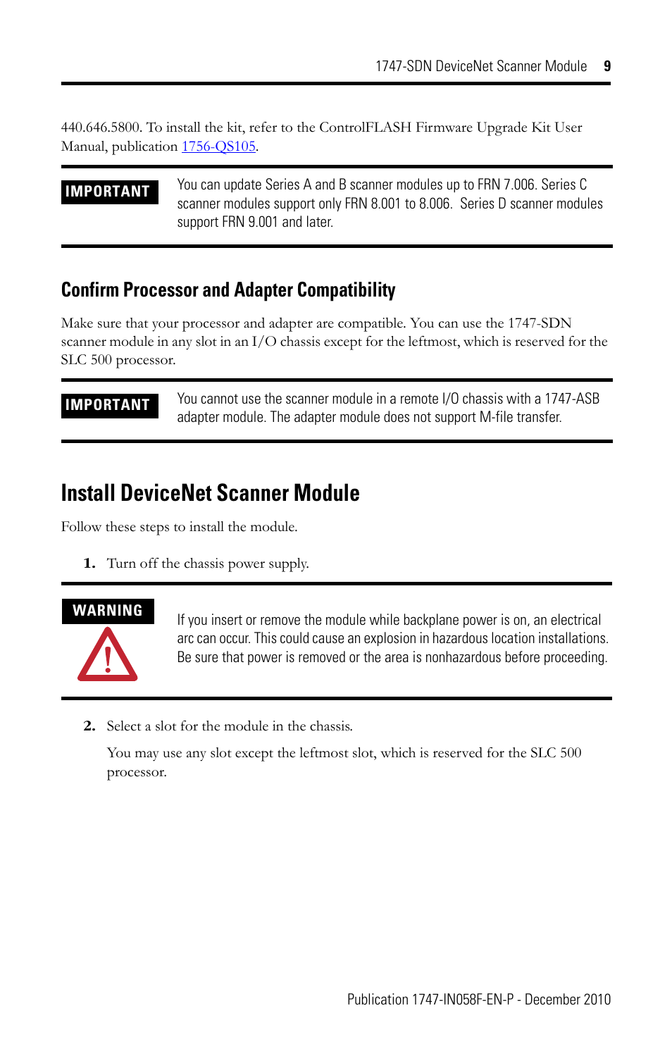 Install devicenet scanner module, Confirm processor and adapter compatibility | Rockwell Automation 1747-SDN 1747-SDN DeviceNet Scanner Installation Instructions User Manual | Page 9 / 20