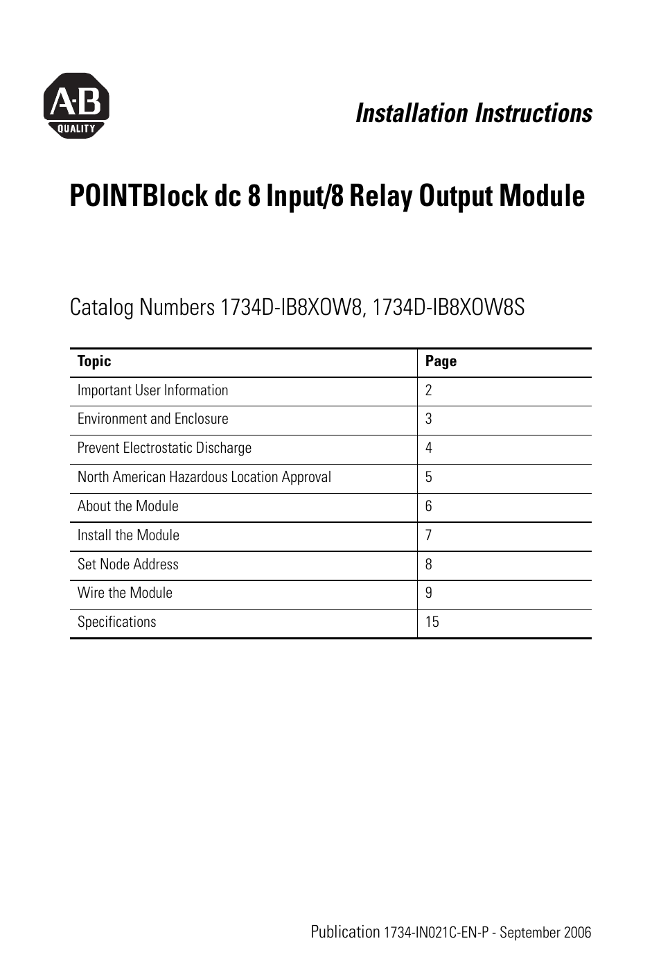 Rockwell Automation 1734D-1B8XOW8S 8 Input/8 Relay Output Module Installation Instructions User Manual | 20 pages