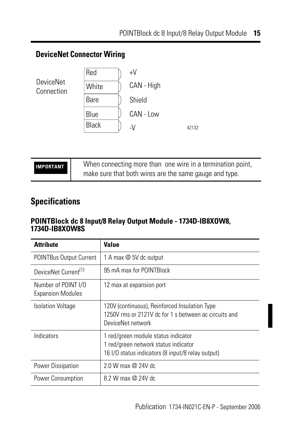 Devicenet connector wiring, Specifications | Rockwell Automation 1734D-1B8XOW8S 8 Input/8 Relay Output Module Installation Instructions User Manual | Page 15 / 20