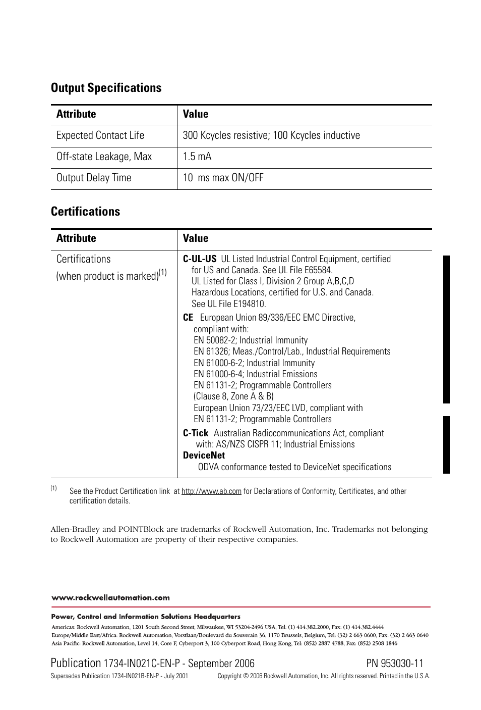 Publication, Certifications, Output specifications | Rockwell Automation 1734D-1B8XOW8S 8 Input/8 Relay Output Module Installation Instructions User Manual | Page 20 / 20