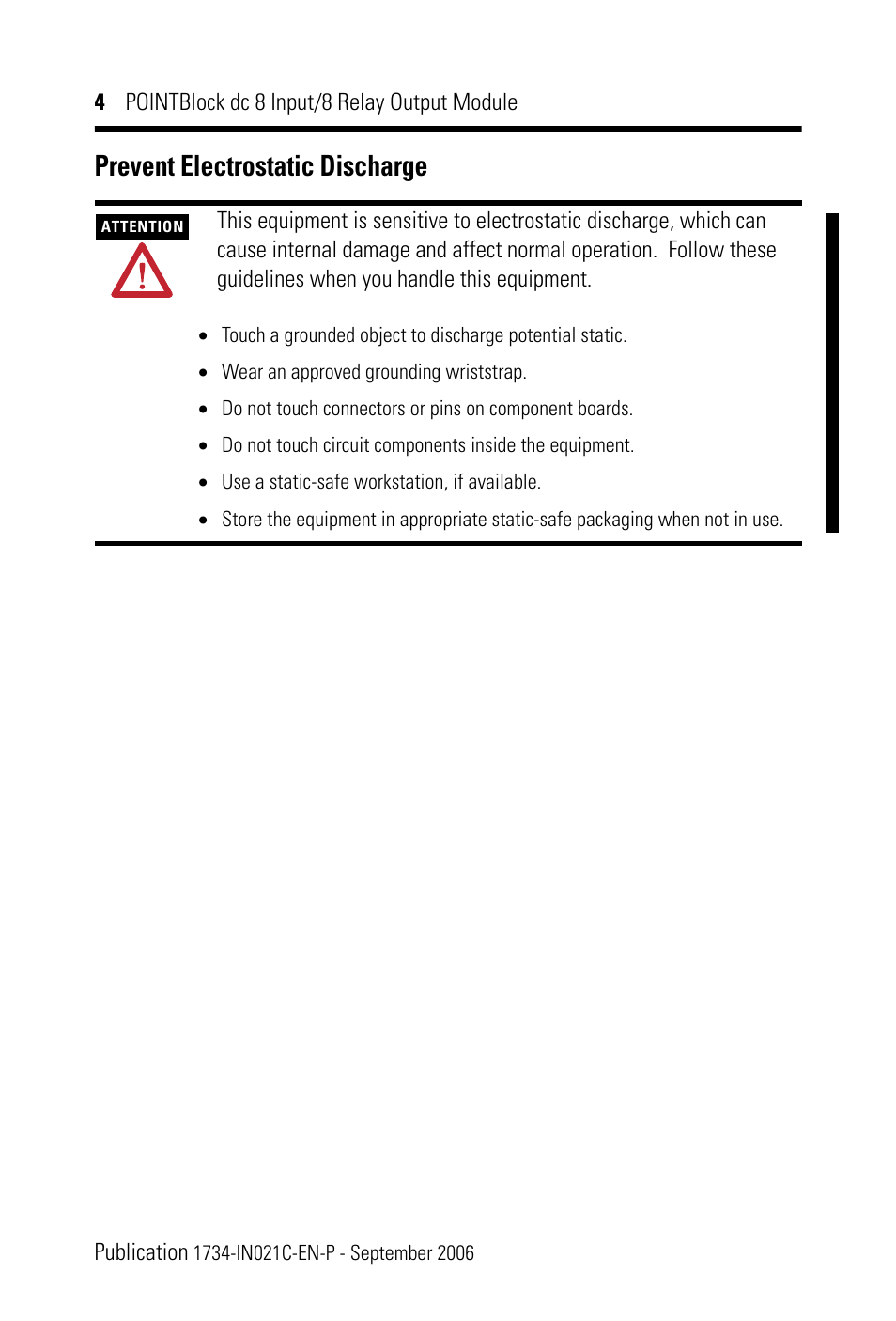 Prevent electrostatic discharge | Rockwell Automation 1734D-1B8XOW8S 8 Input/8 Relay Output Module Installation Instructions User Manual | Page 4 / 20