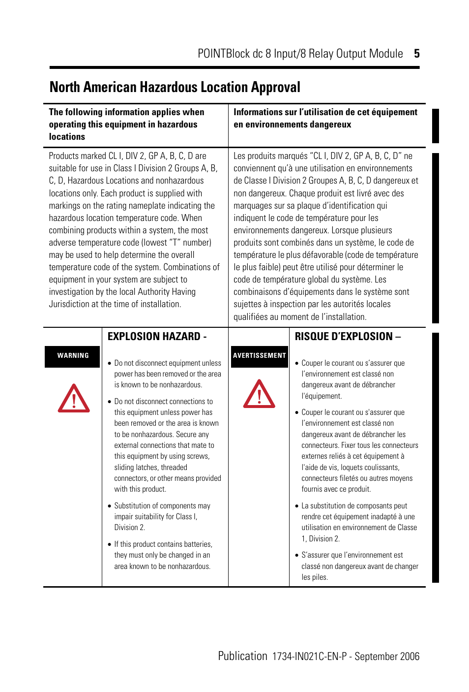 North american hazardous location approval, Explosion hazard, Risque d’explosion | Rockwell Automation 1734D-1B8XOW8S 8 Input/8 Relay Output Module Installation Instructions User Manual | Page 5 / 20