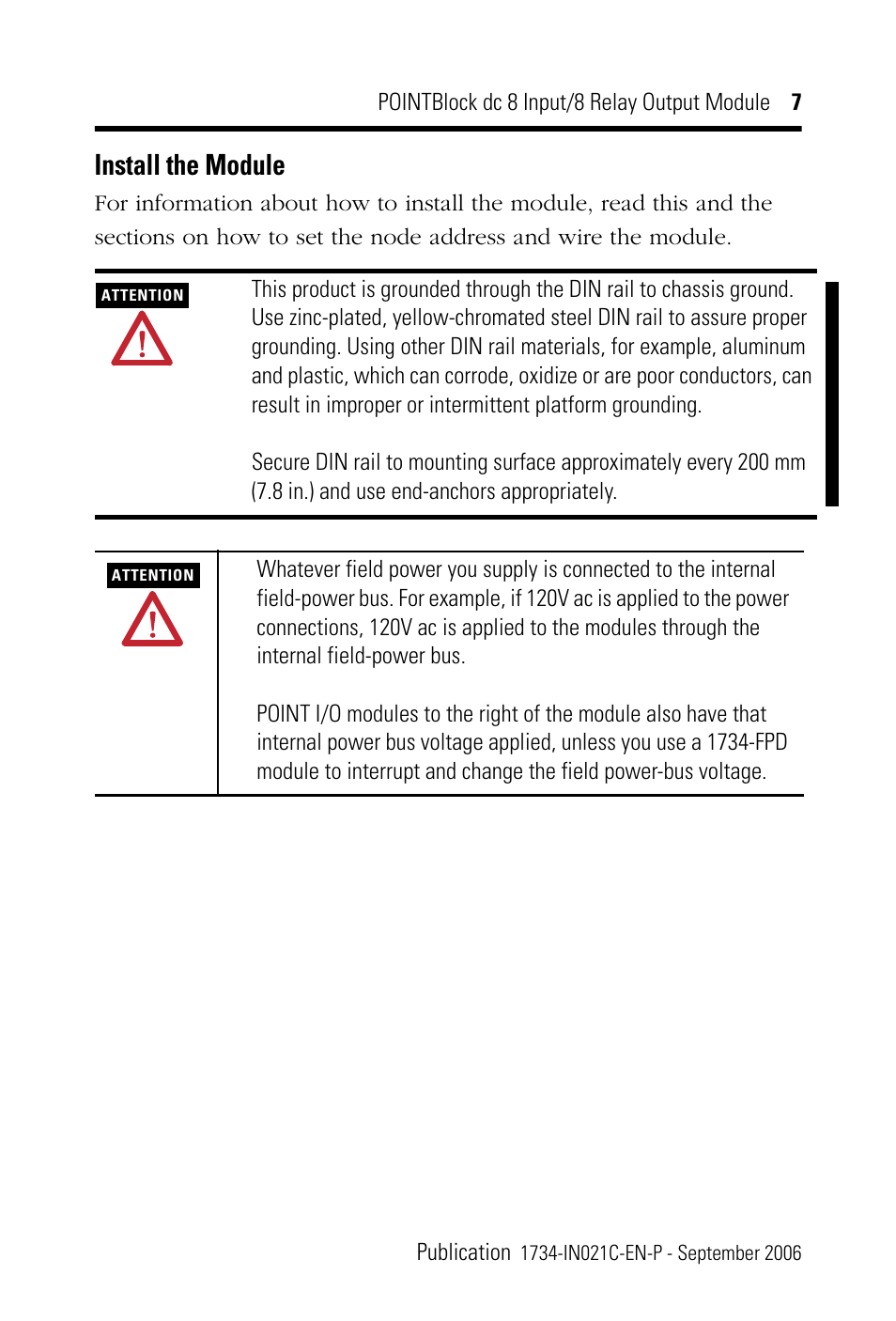 Install the module | Rockwell Automation 1734D-1B8XOW8S 8 Input/8 Relay Output Module Installation Instructions User Manual | Page 7 / 20