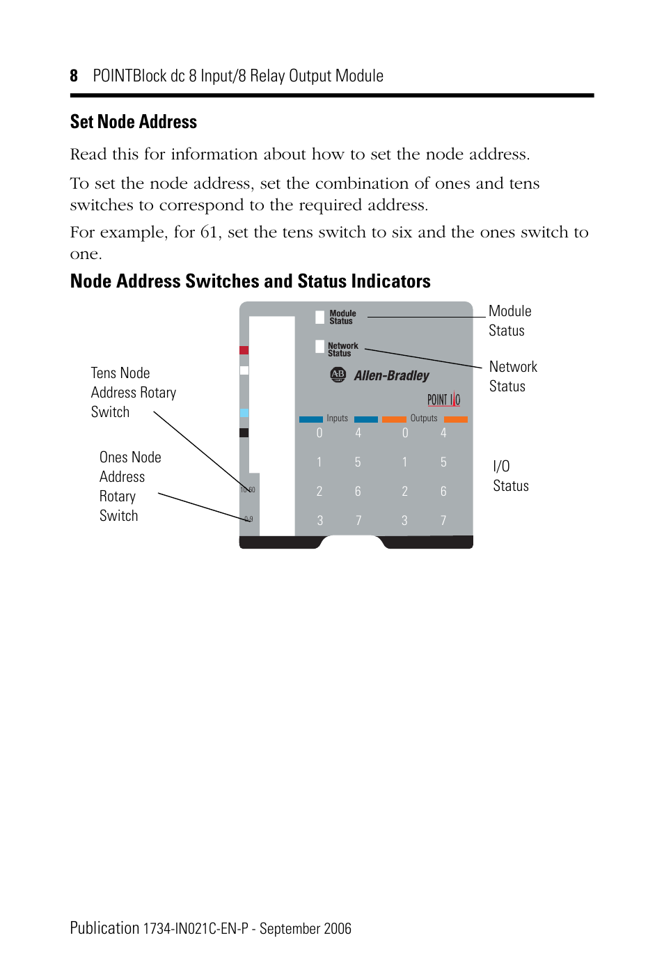 Set node address, Node address switches and status indicators | Rockwell Automation 1734D-1B8XOW8S 8 Input/8 Relay Output Module Installation Instructions User Manual | Page 8 / 20